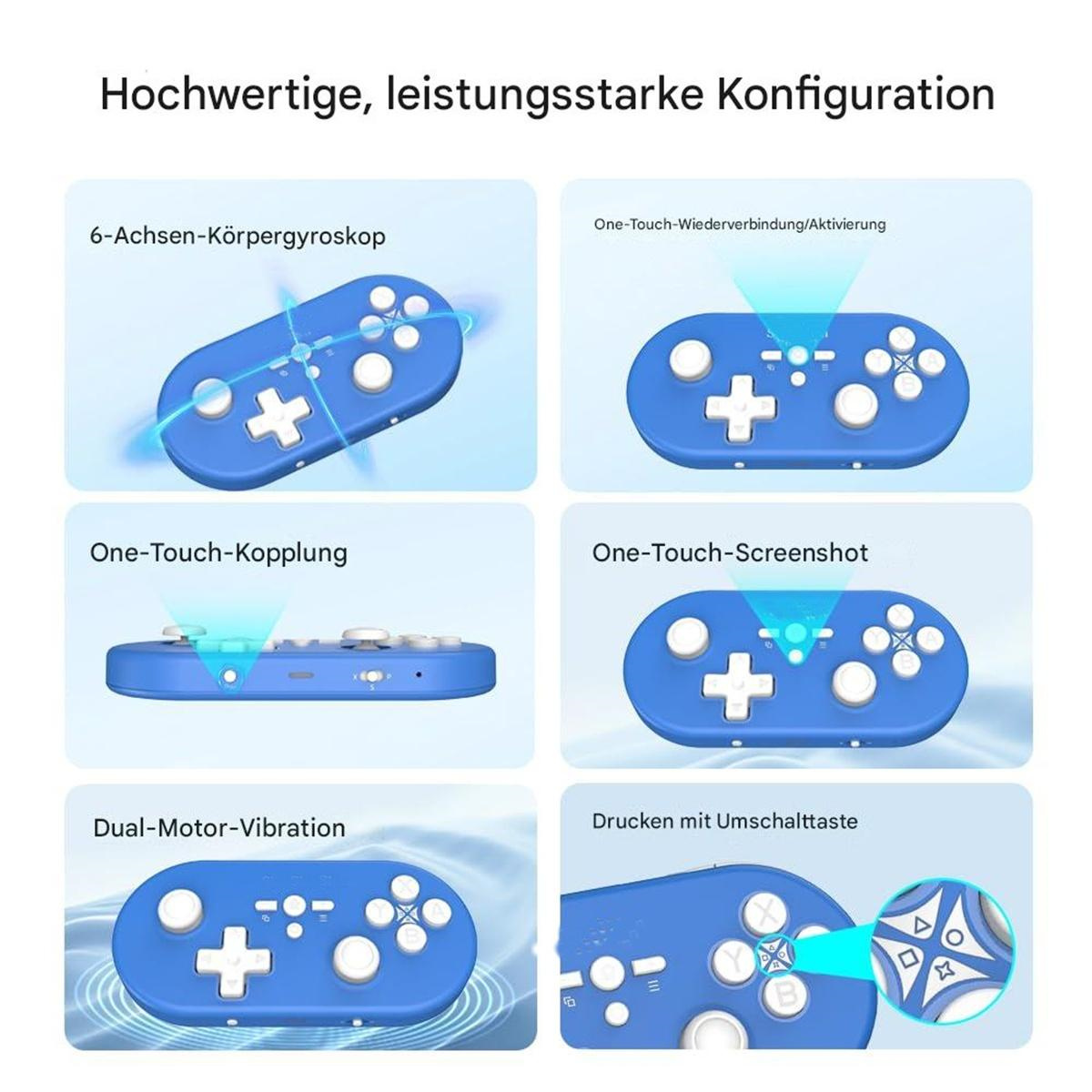 Diagramme, die Funktionen eines blauen Gamepads zeigen, einschließlich Gyroskop und Vibration.