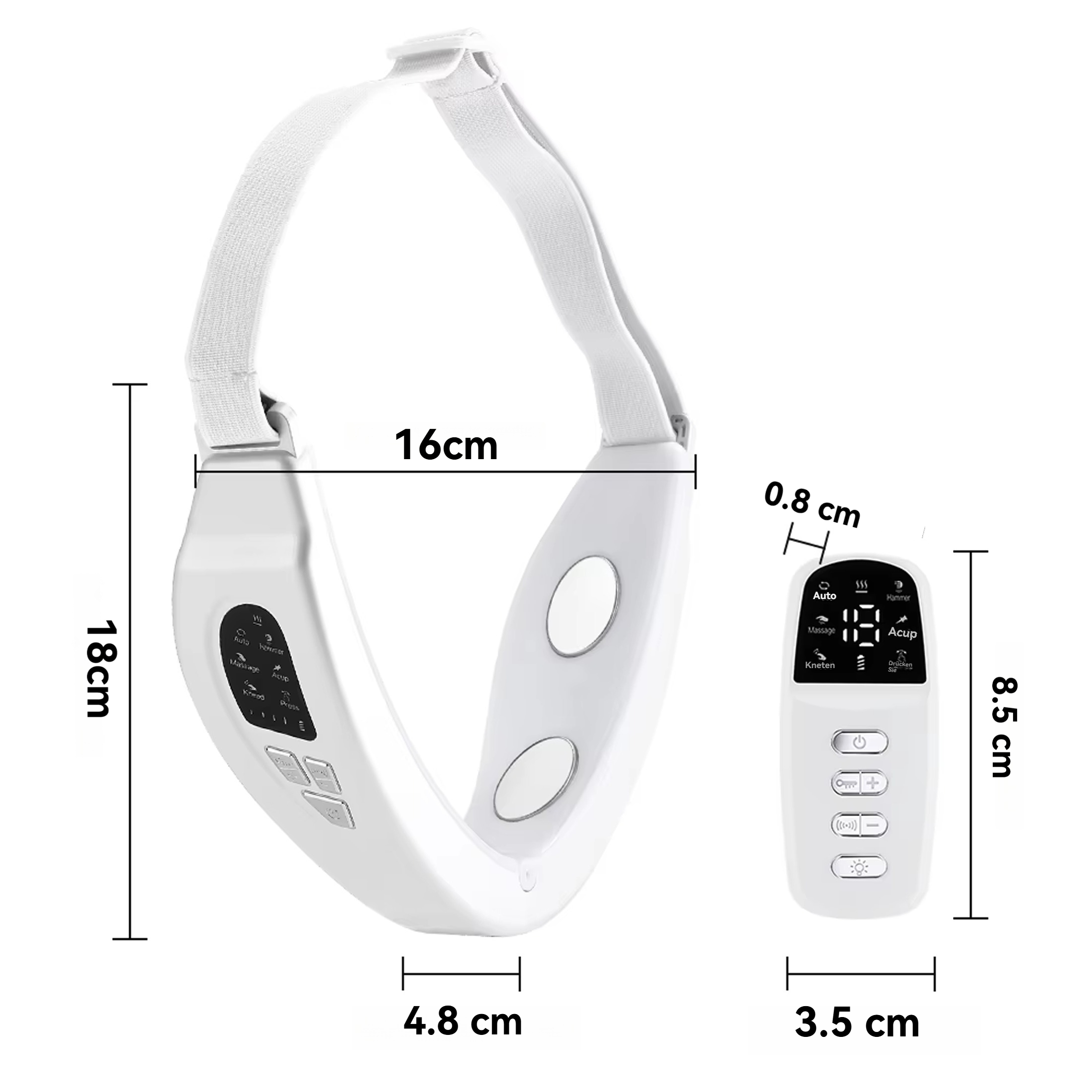 Weißer Gesichtsmassager mit Abmessungen: 18 cm Höhe, 16 cm Breite, 4,8 cm und 3,5 cm Tiefe.