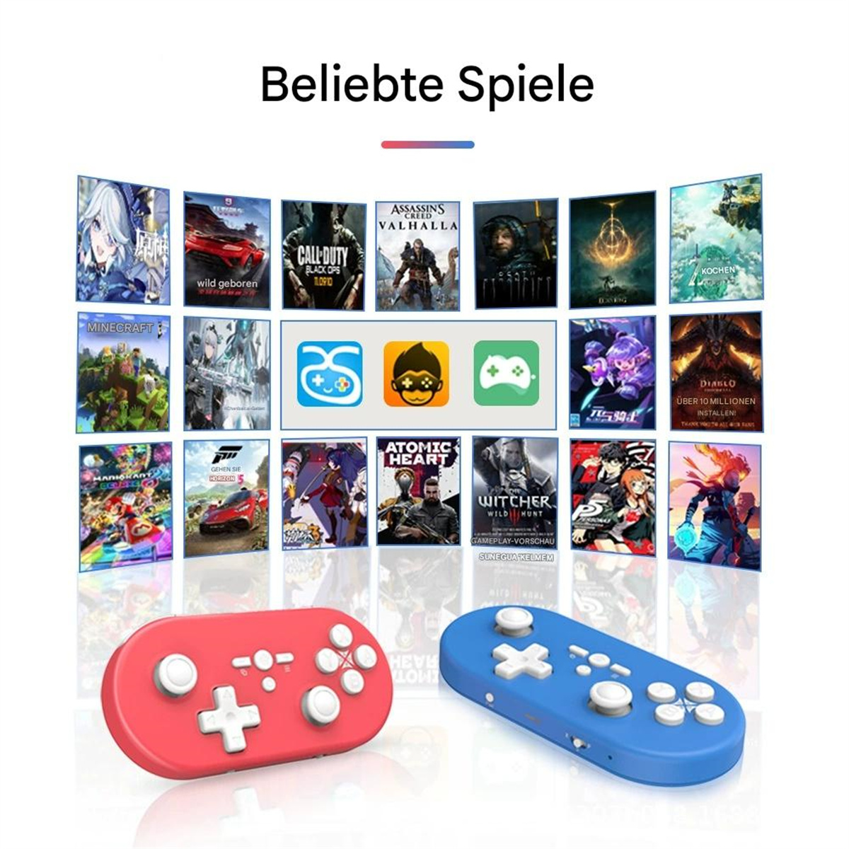 Spielcontroller mit beliebten Spielcovers, darunter Call of Duty, Minecraft und andere.