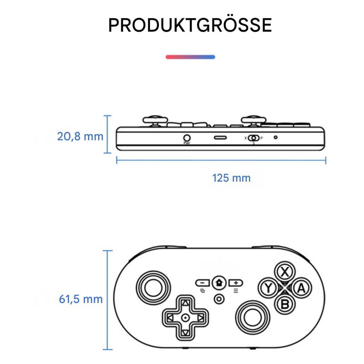 Abmessungen eines blauen Gamepads: 20,8 mm Dicke, 125 mm Länge und 61,5 mm Breite.