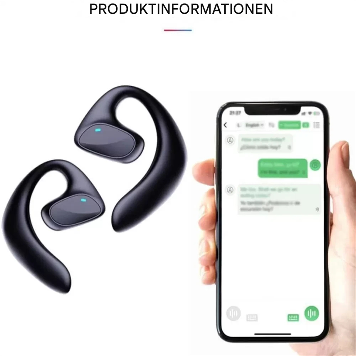 Zwei schwarze Kopfhörer und ein Telefon mit geöffneter Messaging-App, die einen Chat zeigt.