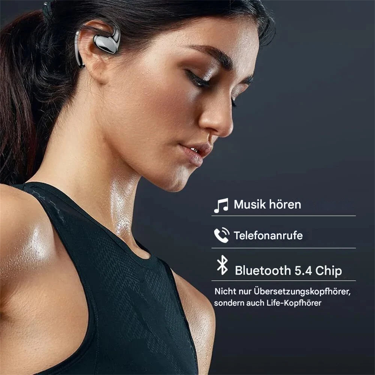 Frau, die schwarze Kopfhörer trägt, mit Symbolen für Musik, Anrufe und Bluetooth-Verbindung.