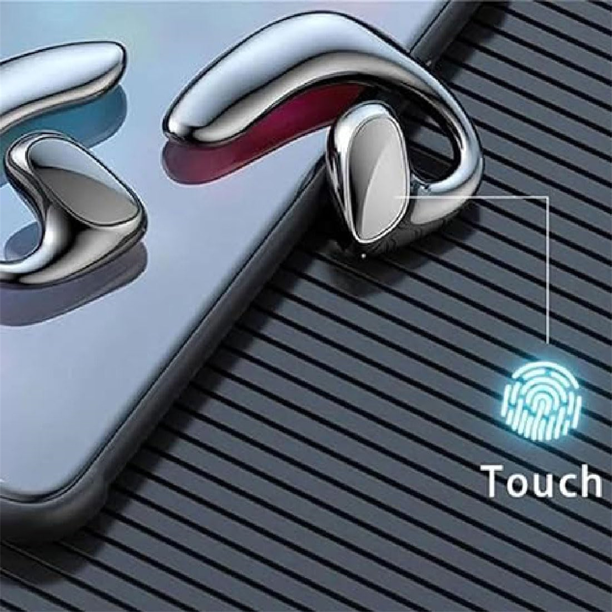 Kopfhörer auf einem Telefonbildschirm mit einem Fingerabdrucksymbol, das Touch-Steuerung anzeigt.