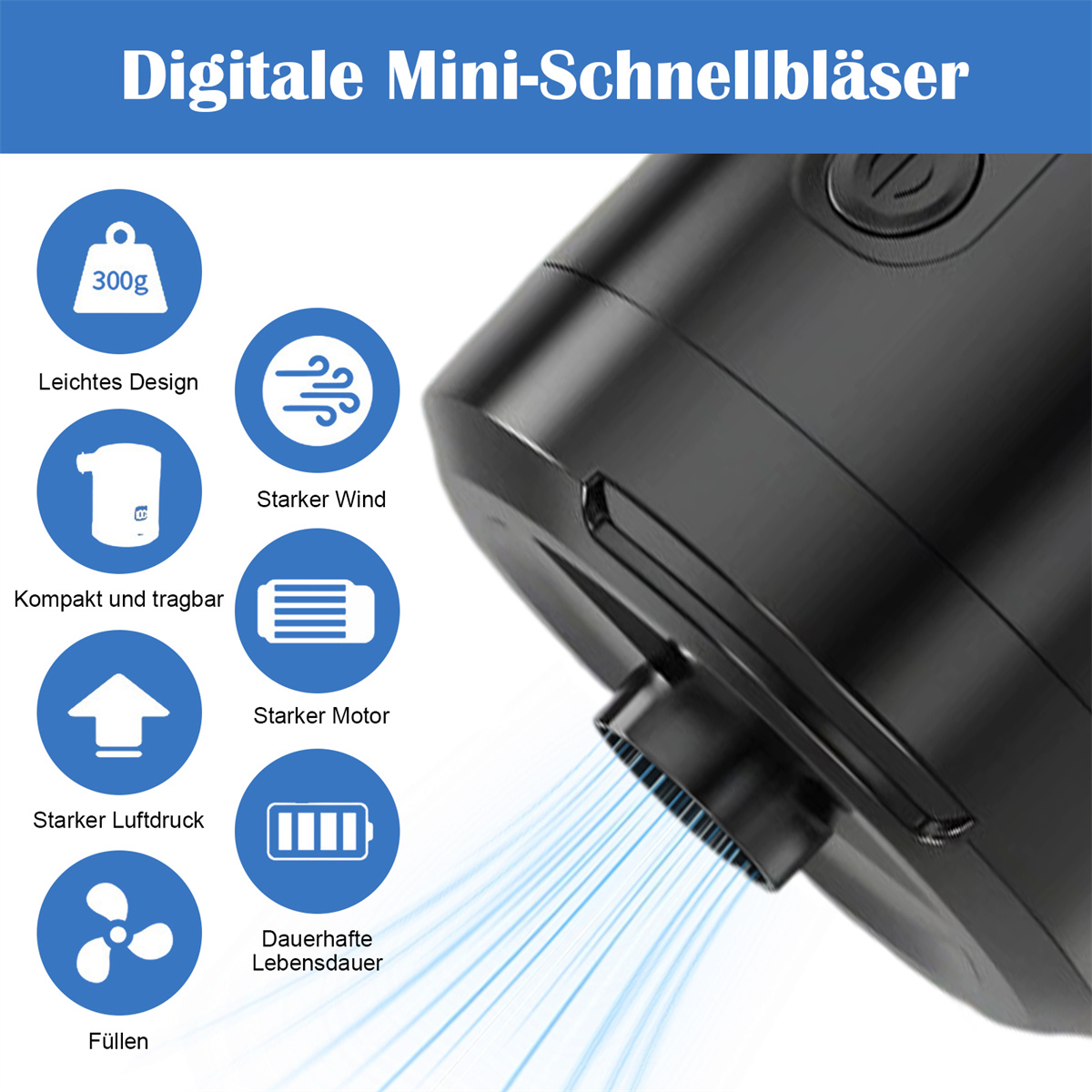 Nahaufnahme einer schwarzen Luftpumpe mit Text: Digitaler Mini-Schnellbläser. Symbole zeigen Funktionen, wie starker Wind.