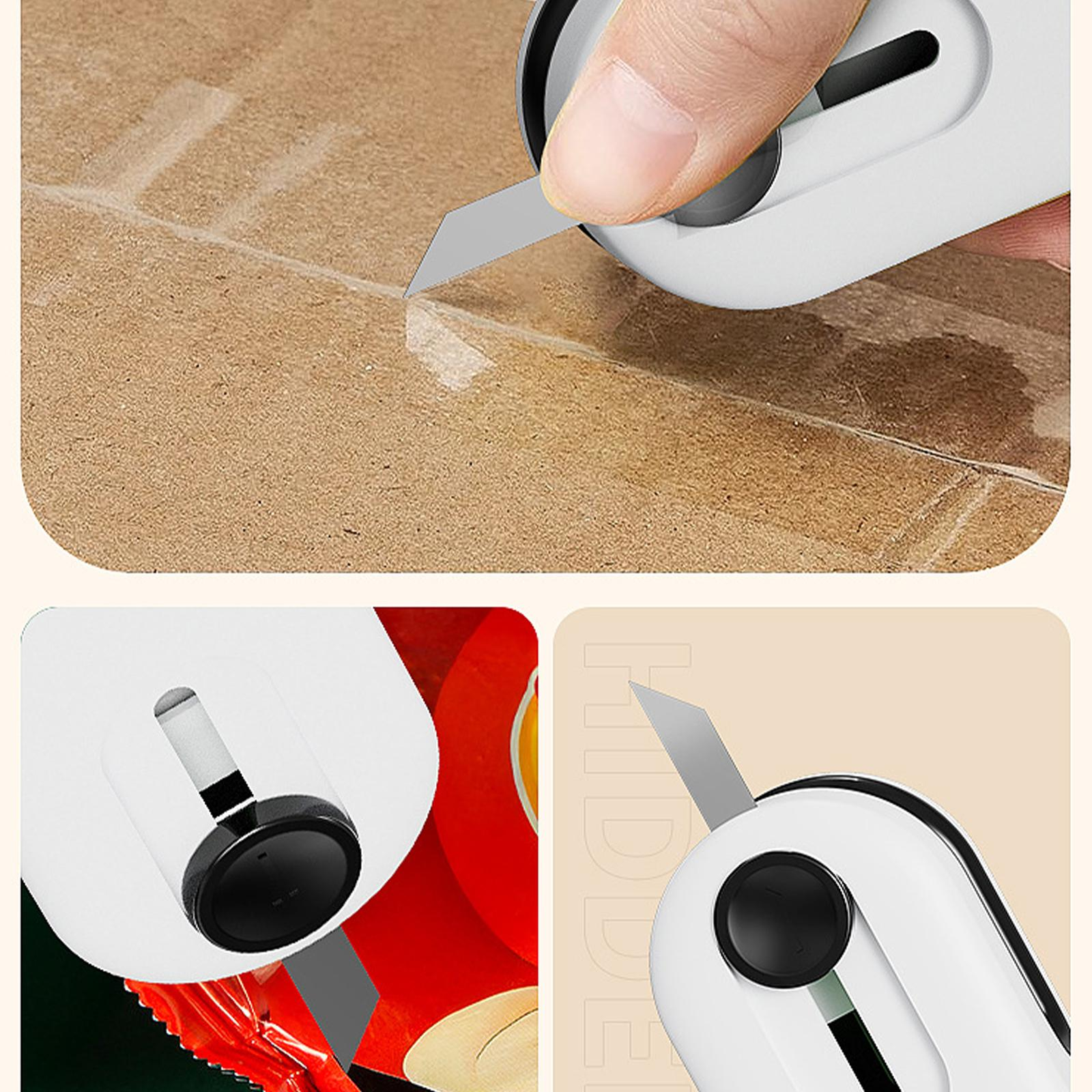 Ein weißer Cutter schneidet eine Packung. Es gibt andere Bilder, die den Cutter in Gebrauch zeigen.