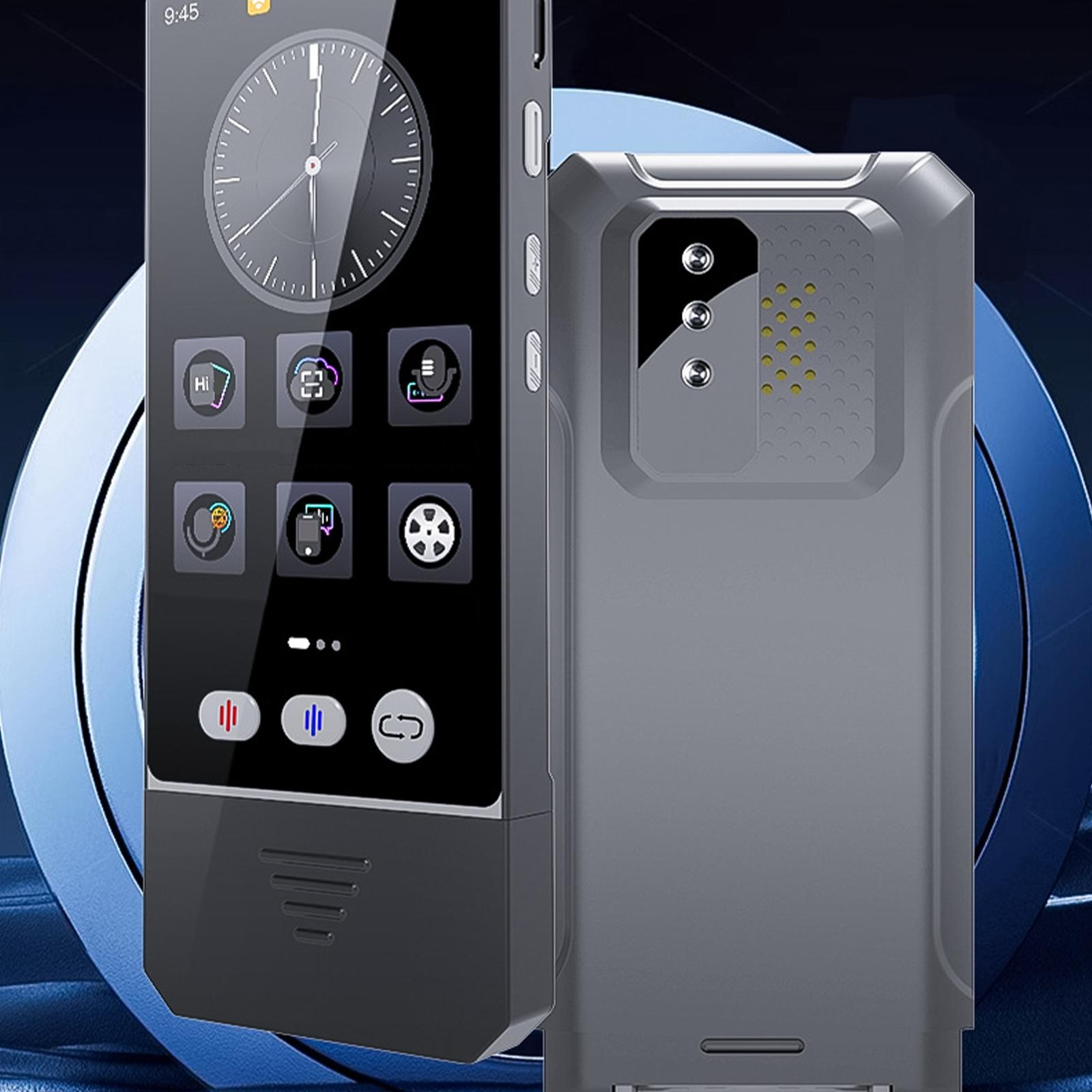 Ein schwarzes Telefon mit Apps befindet sich neben einem anderen schwarzen Gerät. Beide vor blauem Hintergrund.