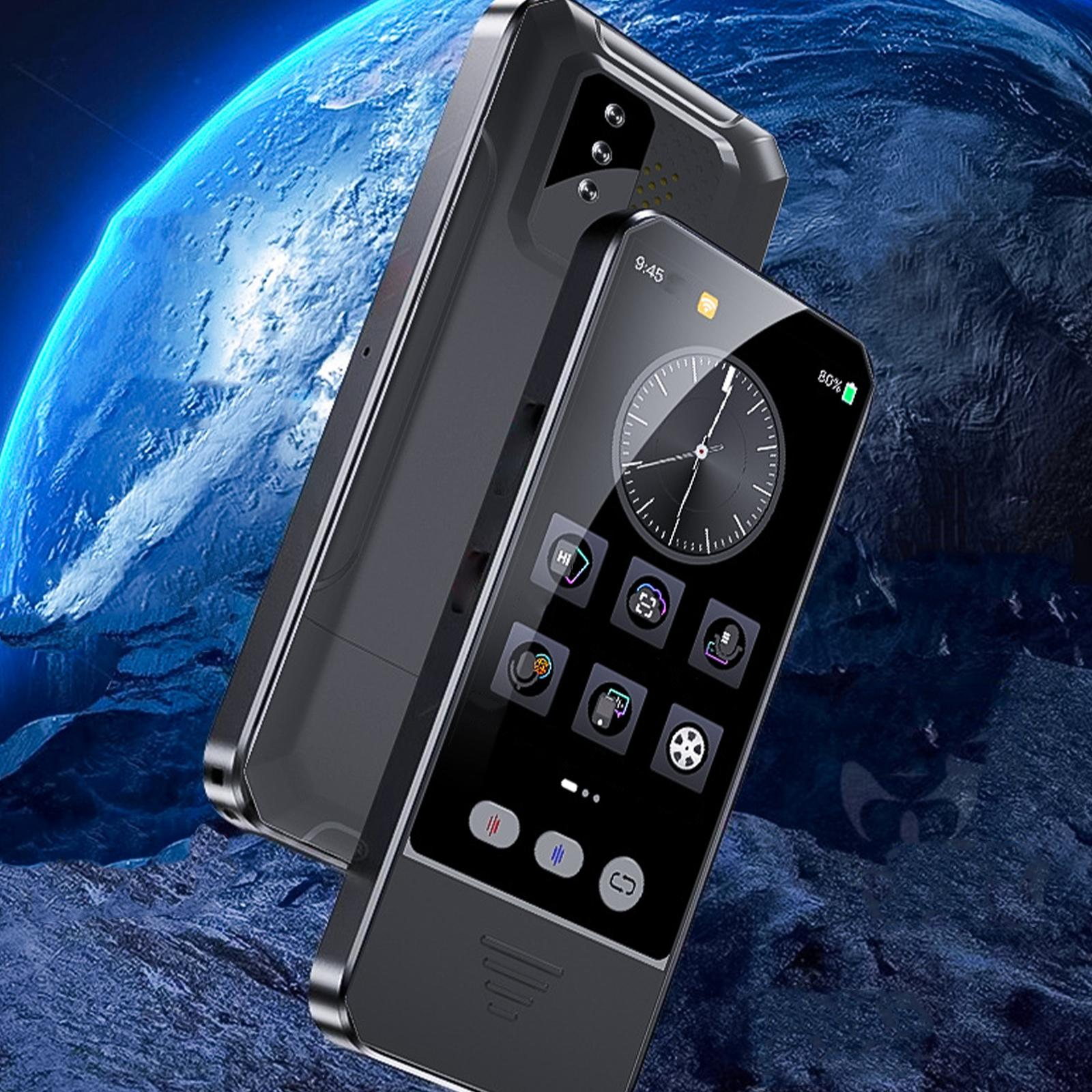 Zwei schwarze Telefone, eines vor dem anderen, vor dem Hintergrund eines blauen Planeten.