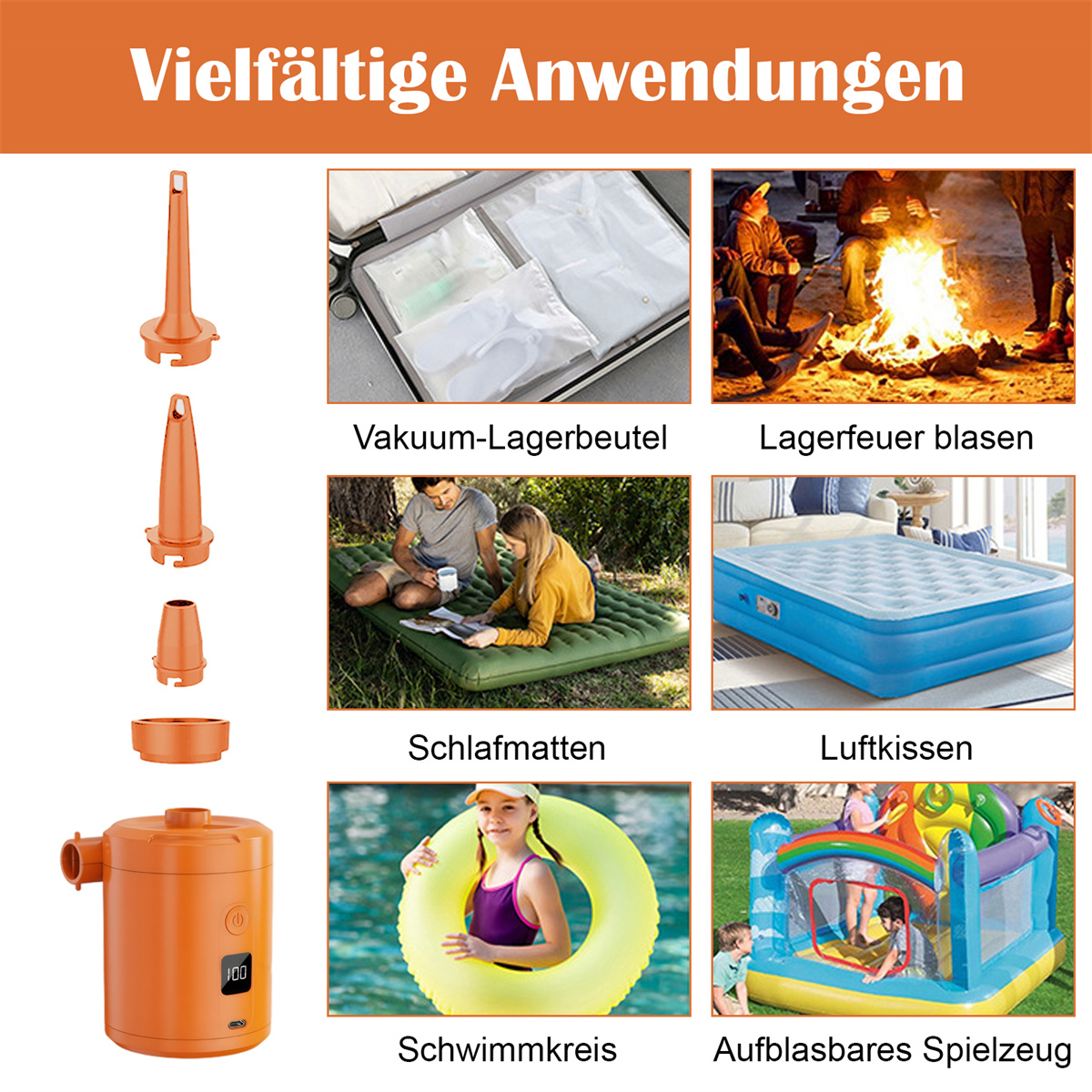 Collage von Bildern, die eine orangefarbene Luftpumpe und ihre Verwendung zeigen: Aufblasen, Vakuum, etc.