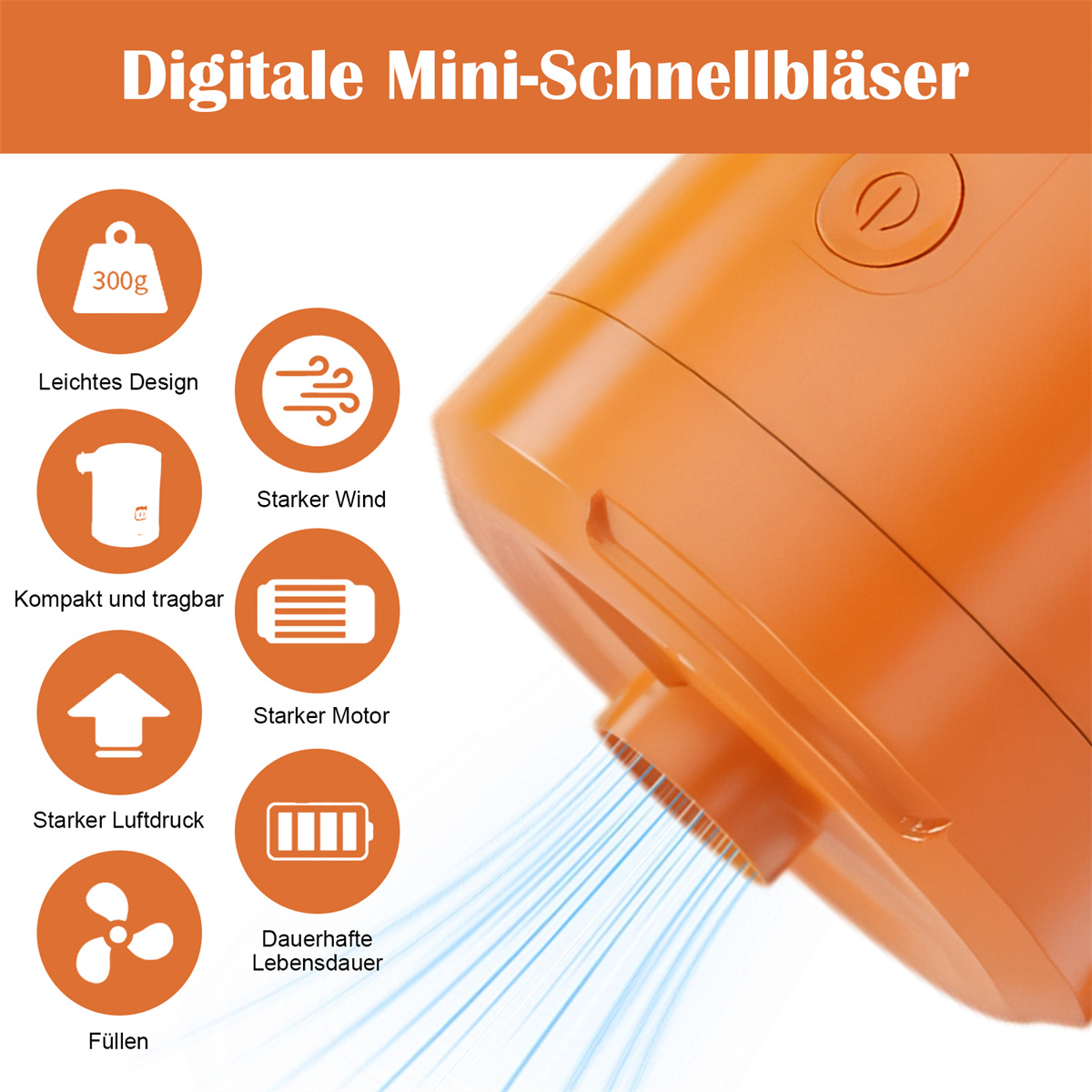 Diagramm einer orangenen Mini-Luftpumpe mit Symbolen, die Merkmale angeben: leicht, starker Wind usw.