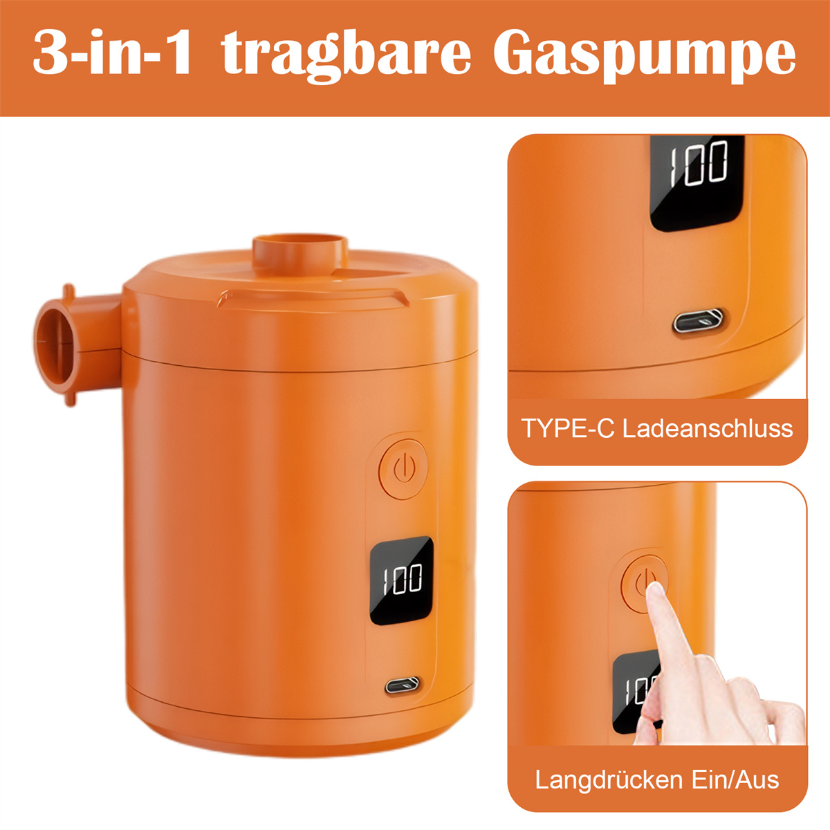 Eine orangefarbene 3-in-1-Tragbare Luftpumpe, mit Digitalanzeige '100' und Typ-C-Ladeanschluss.