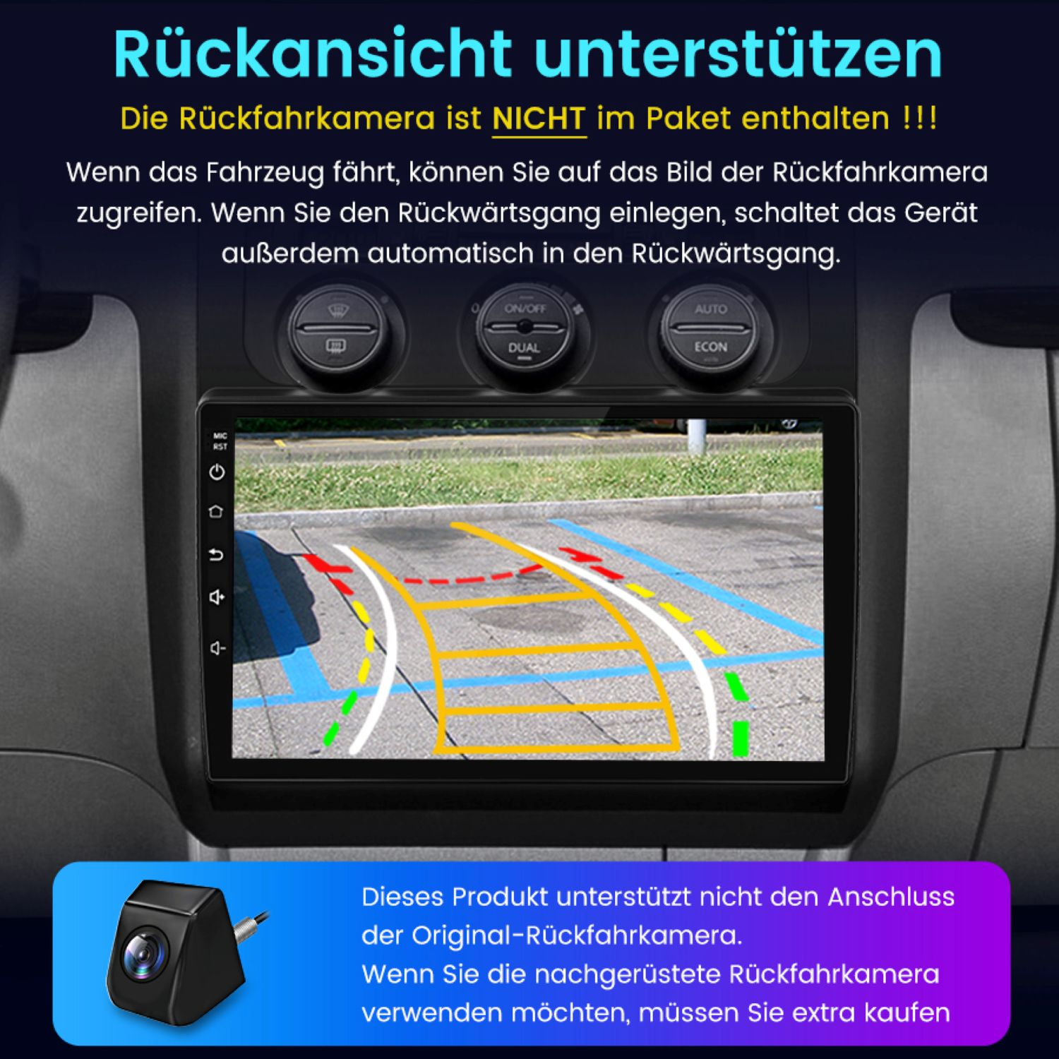 Autoradio-Bildschirm mit Rückfahrkamera-Ansicht mit Richtlinien. Kleine Kamera in der Ecke.