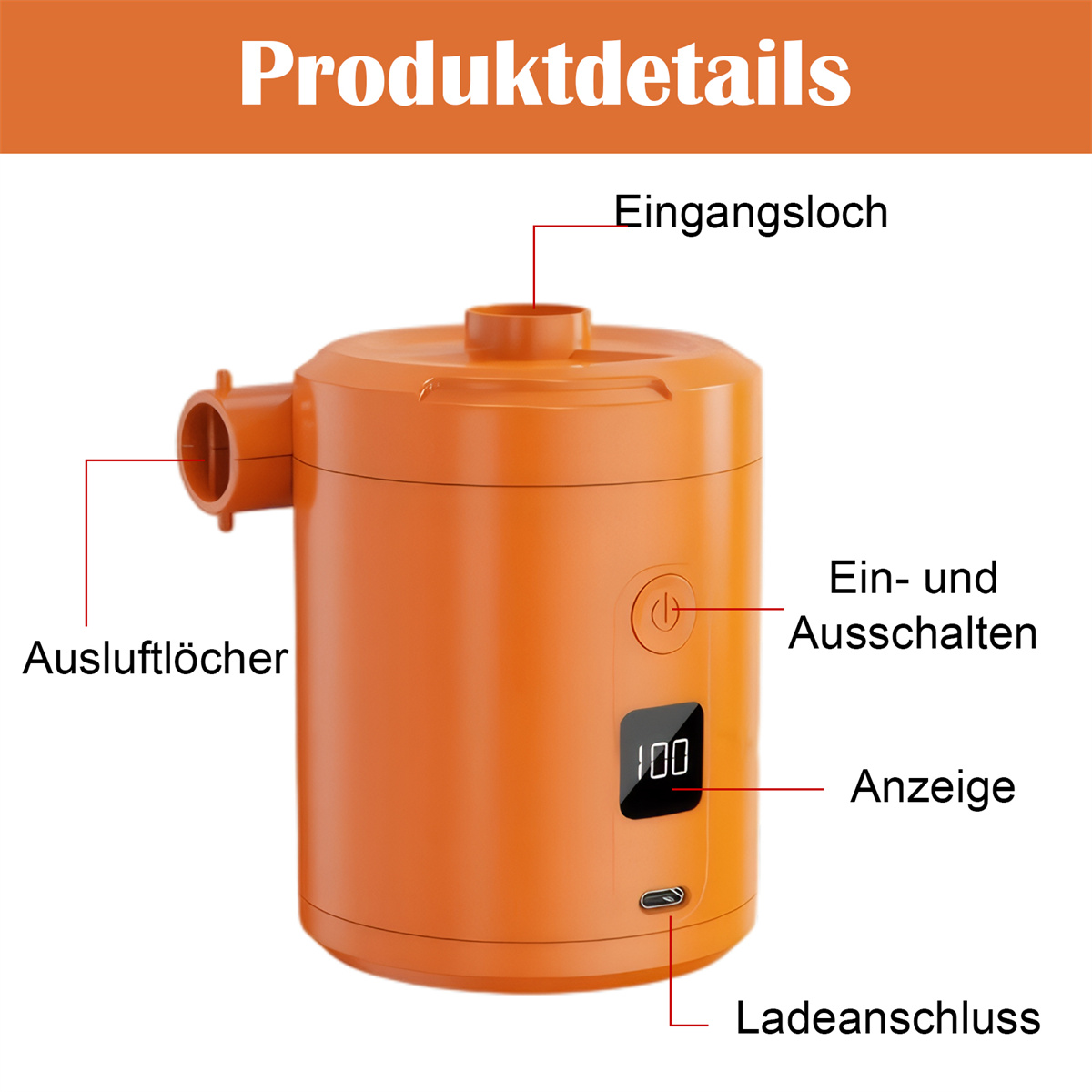 Orange elektrische Pumpe mit Etiketten. Es hat ein Display mit '100' und der Beschriftung 'Ein-und Ausschalten'.