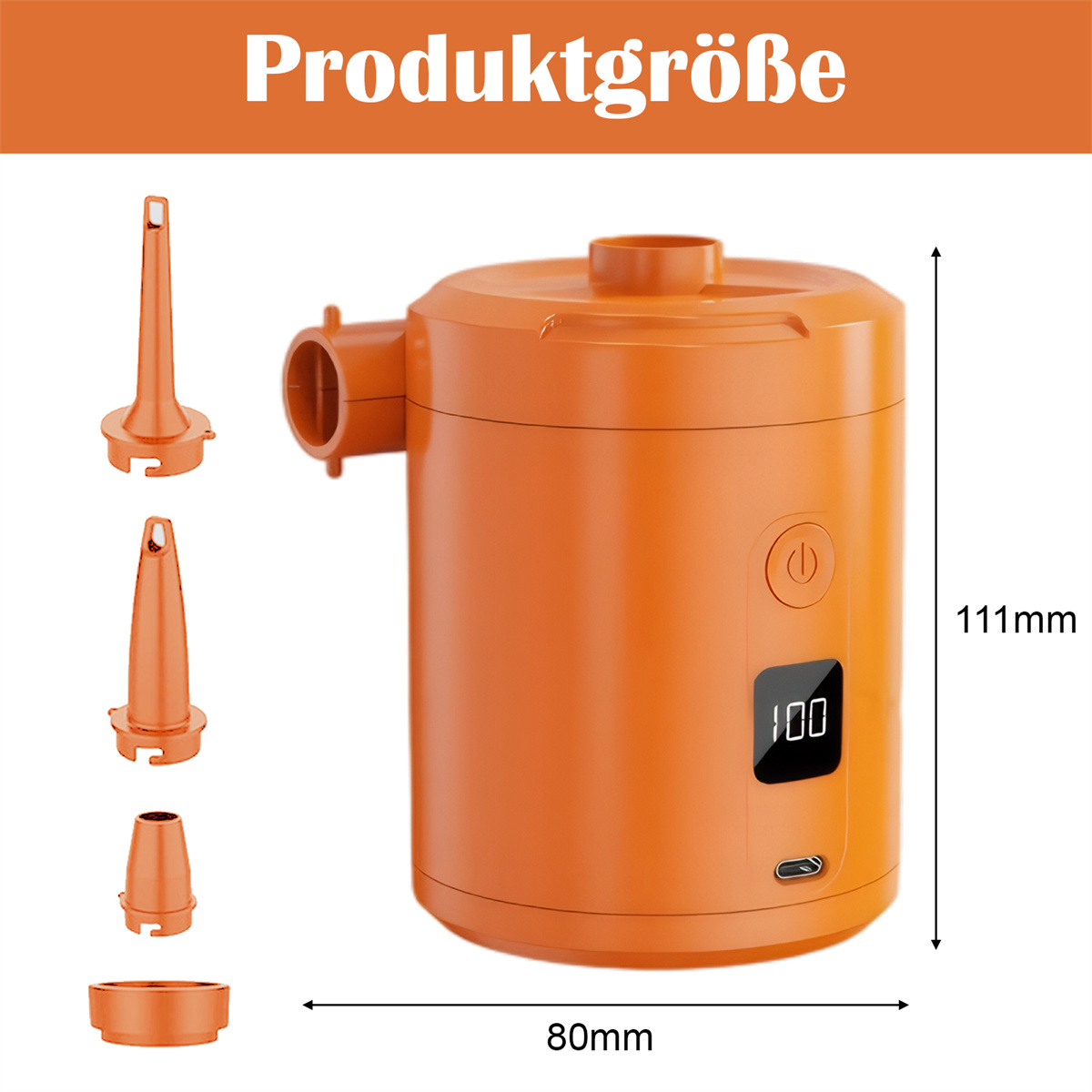 Orange elektrische Pumpe mit Aufsätzen und Maßen. Die Pumpe hat '100' auf dem Display und die Maße 80mm x 111mm.