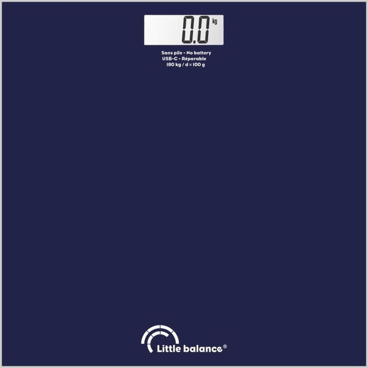Blaue digitale Badezimmerwaage mit Anzeige '0.0' kg. Sie hat den Text 'Little balance' am unteren Rand.