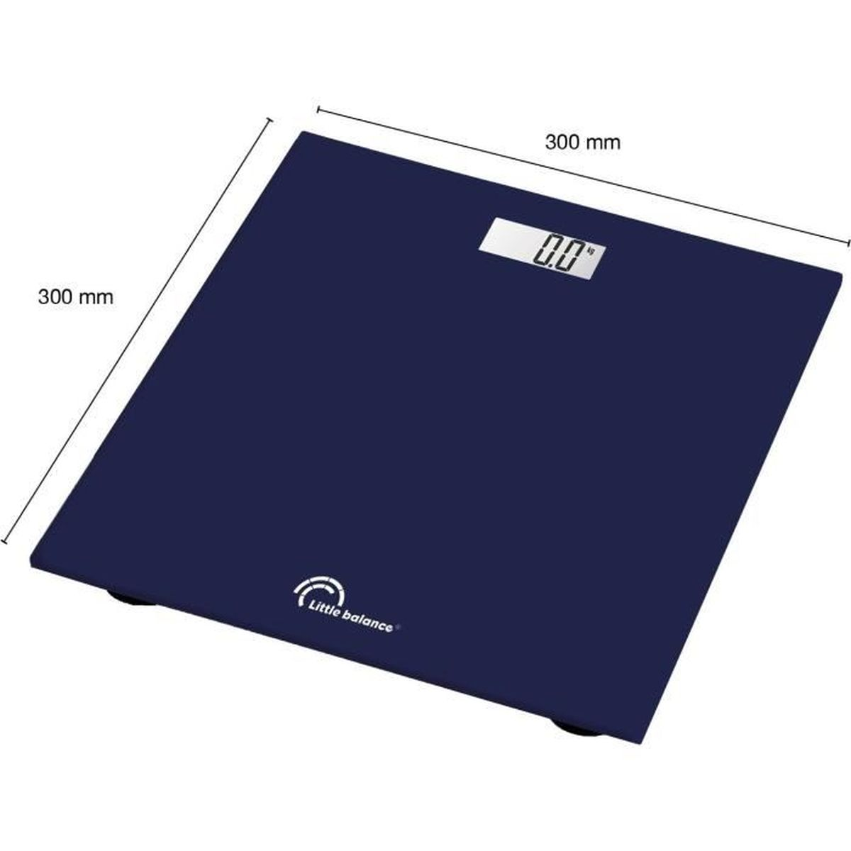 Blaue digitale Badezimmerwaage. Sie zeigt '0.0' kg an und hat die Maße 300 mm x 300 mm.