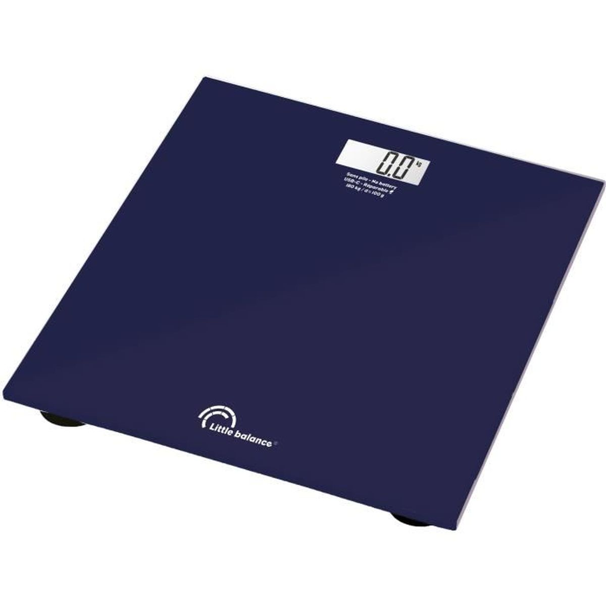 Blaue digitale Badezimmerwaage mit Anzeige '0.0' kg. Sie hat den Text 'Little balance' am unteren Rand.