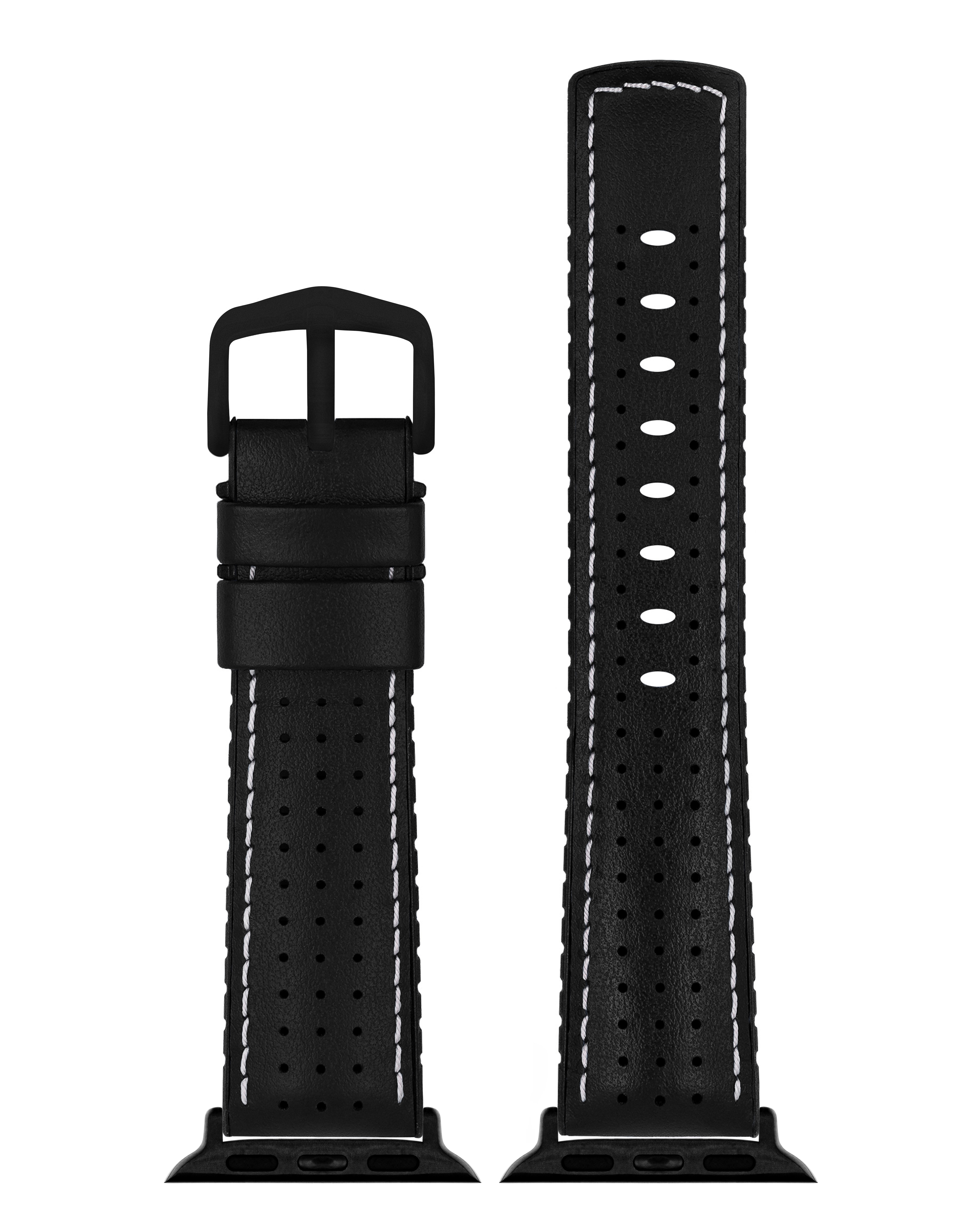Zwei schwarze Uhrenarmbänder mit weißen Nähten. Eines hat eine Schnalle, das andere Löcher.