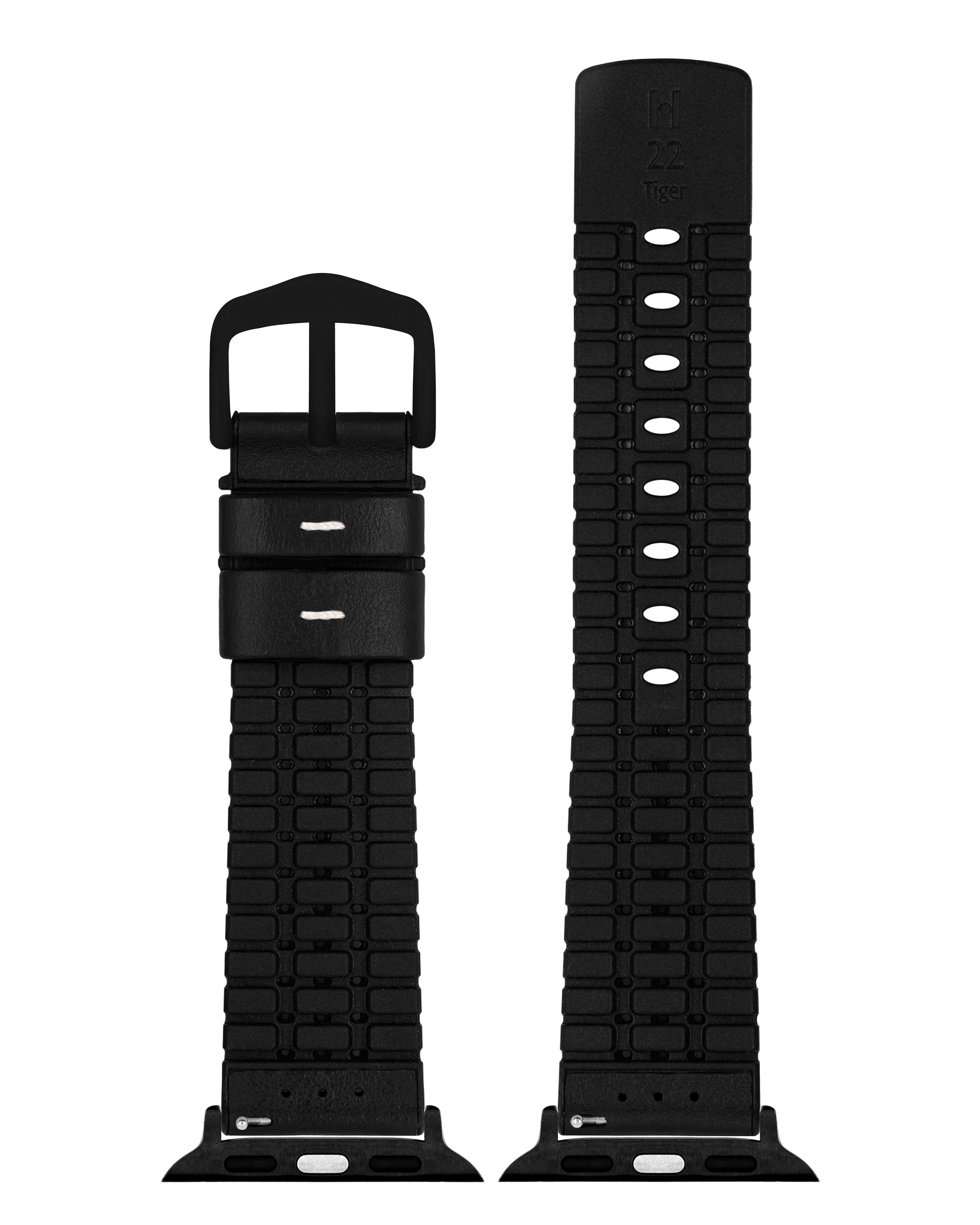 Zwei schwarze Uhrenarmbänder. Eines hat eine Schnalle, das andere ein Muster aus Blöcken.