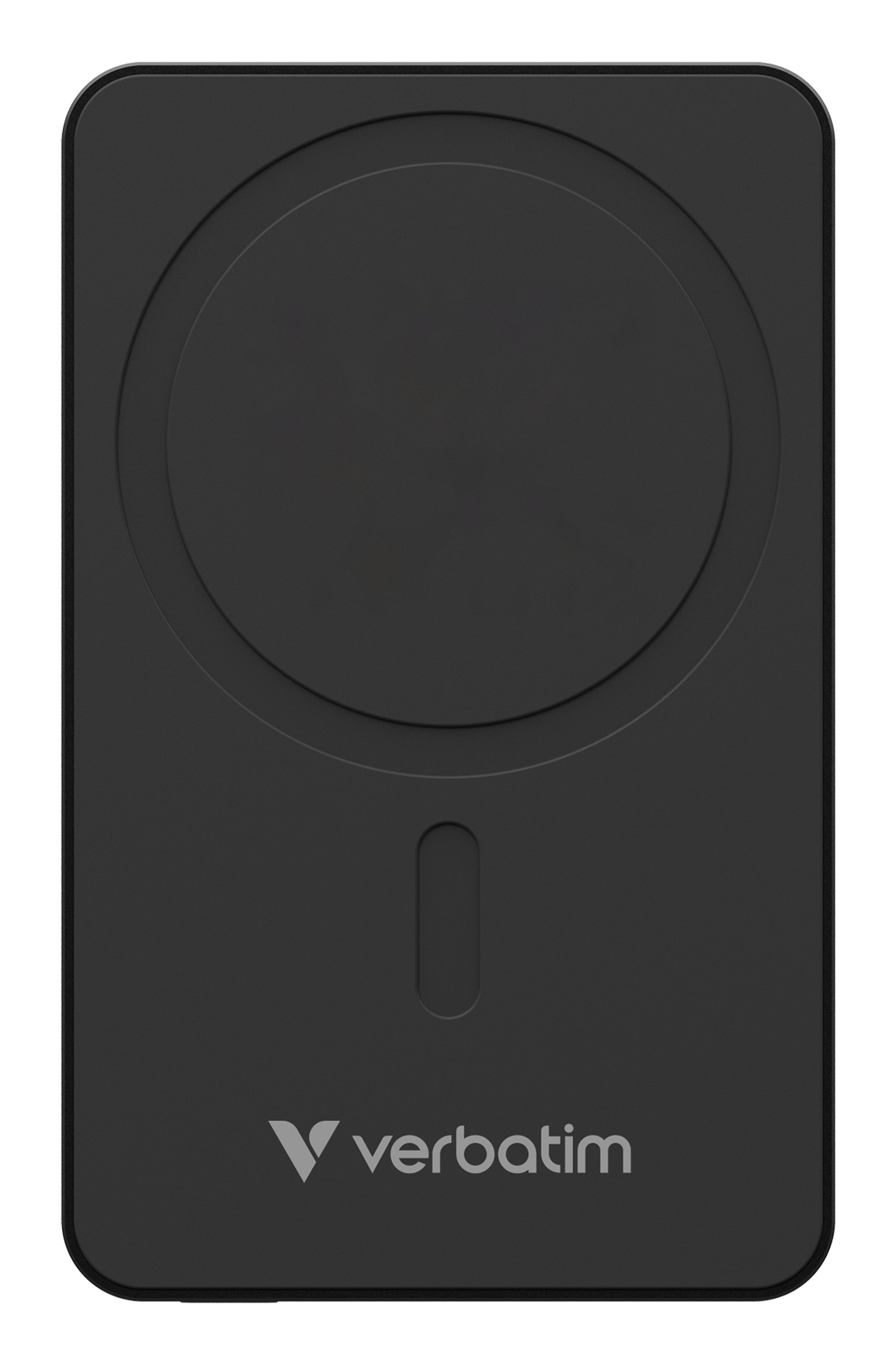 Schwarze Powerbank mit kreisförmiger Ladefläche und dem 'verbatim'-Logo. Das Design ist minimalistisch.