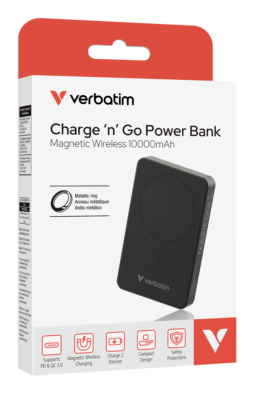 Verbatim Powerbank in Einzelhandelsverpackung, schwarze Powerbank mit magnetischer, kabelloser Ladefläche.