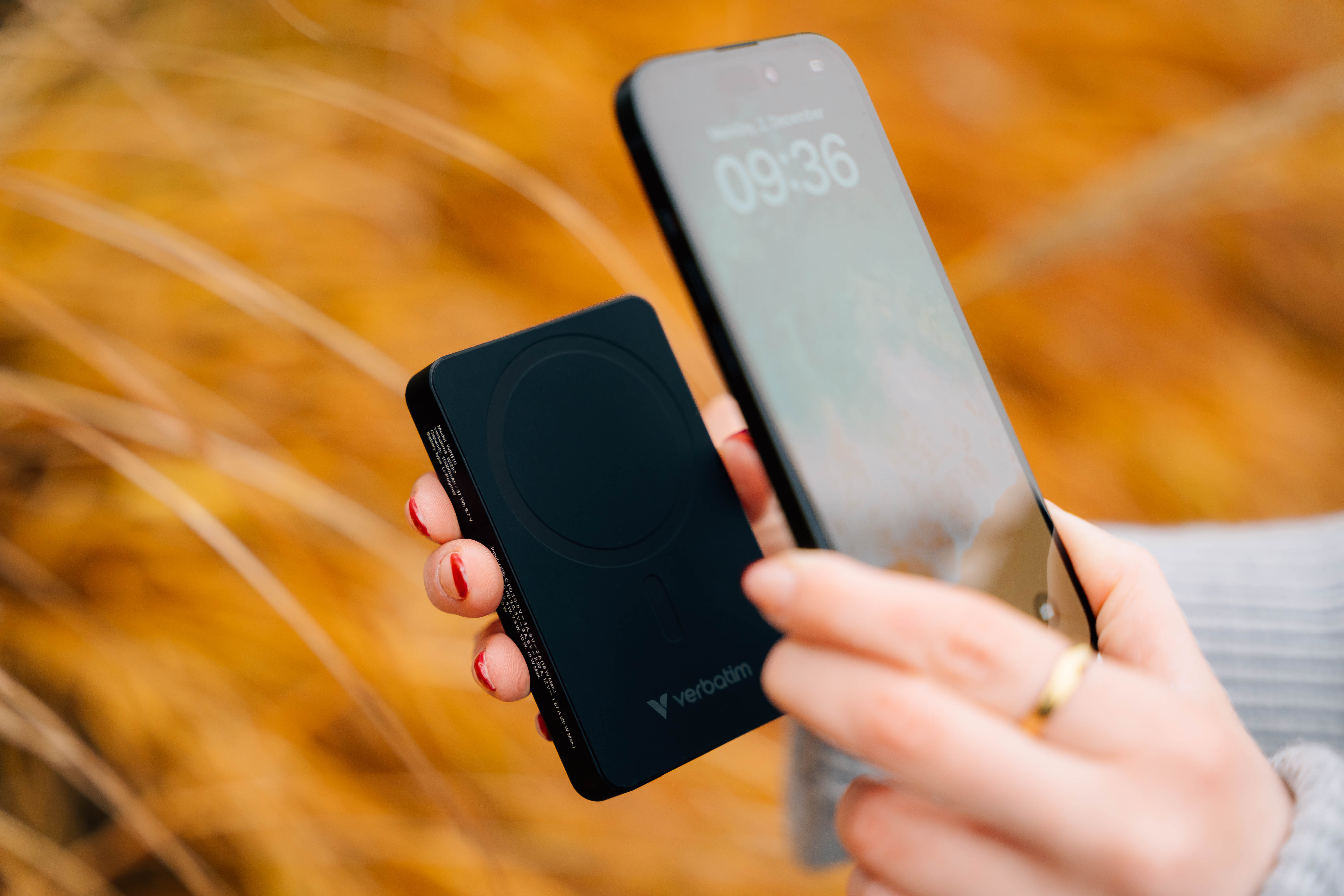 Eine Person hält eine schwarze Powerbank und ein iPhone. Der Hintergrund ist unscharfes Herbstlaub.
