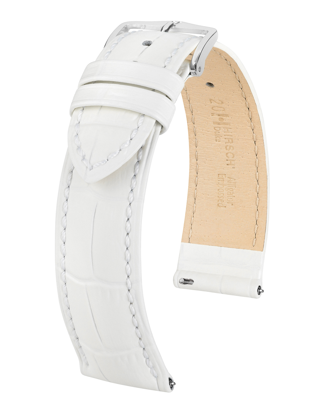 Weißes Leder-Uhrenarmband mit silberner Schnalle. Das Armband hat ein strukturiertes Muster.