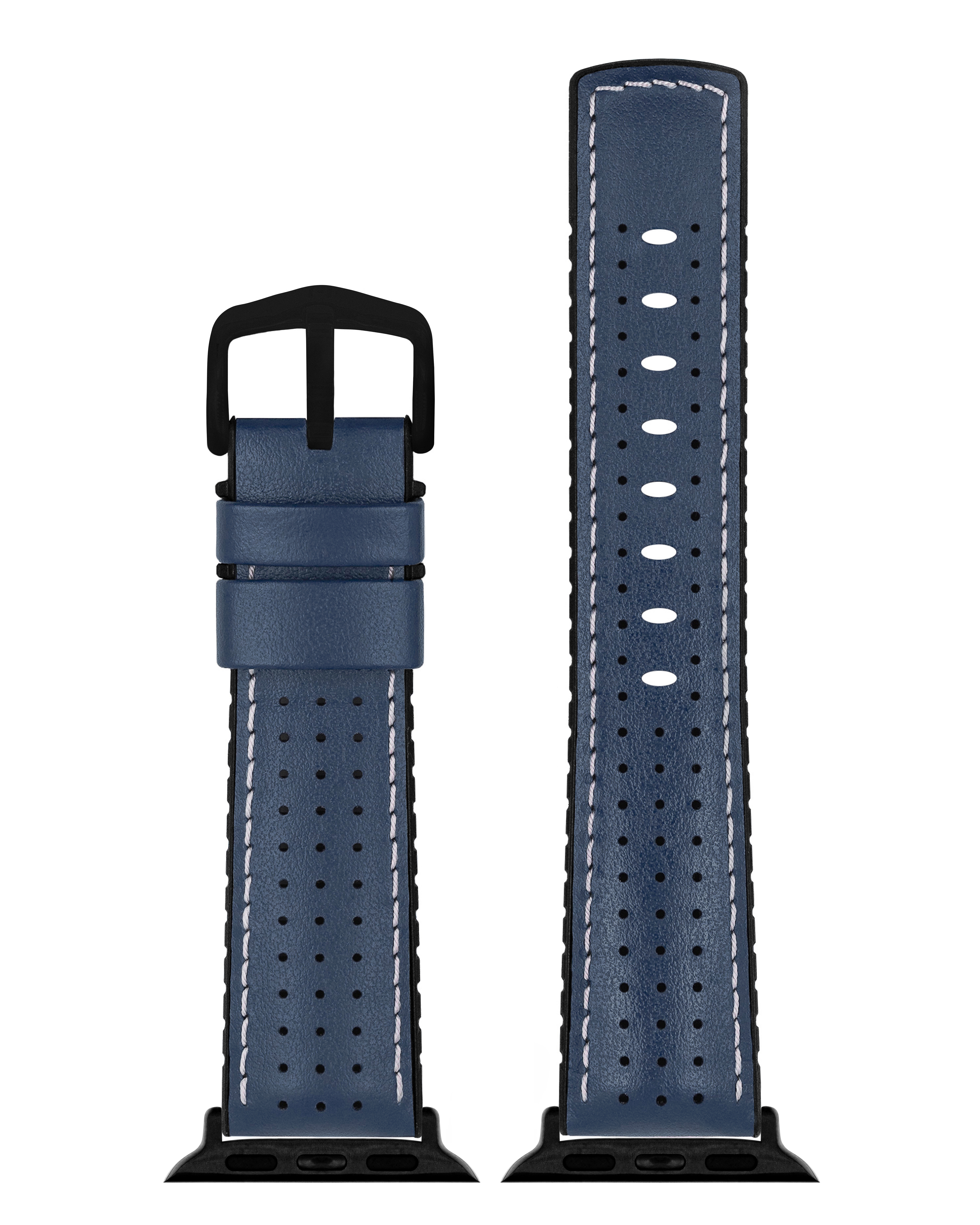 Zwei blaue Leder-Uhrenarmbänder mit weißen Nähten. Eines hat eine Schnalle, das andere ein perforiertes Design.