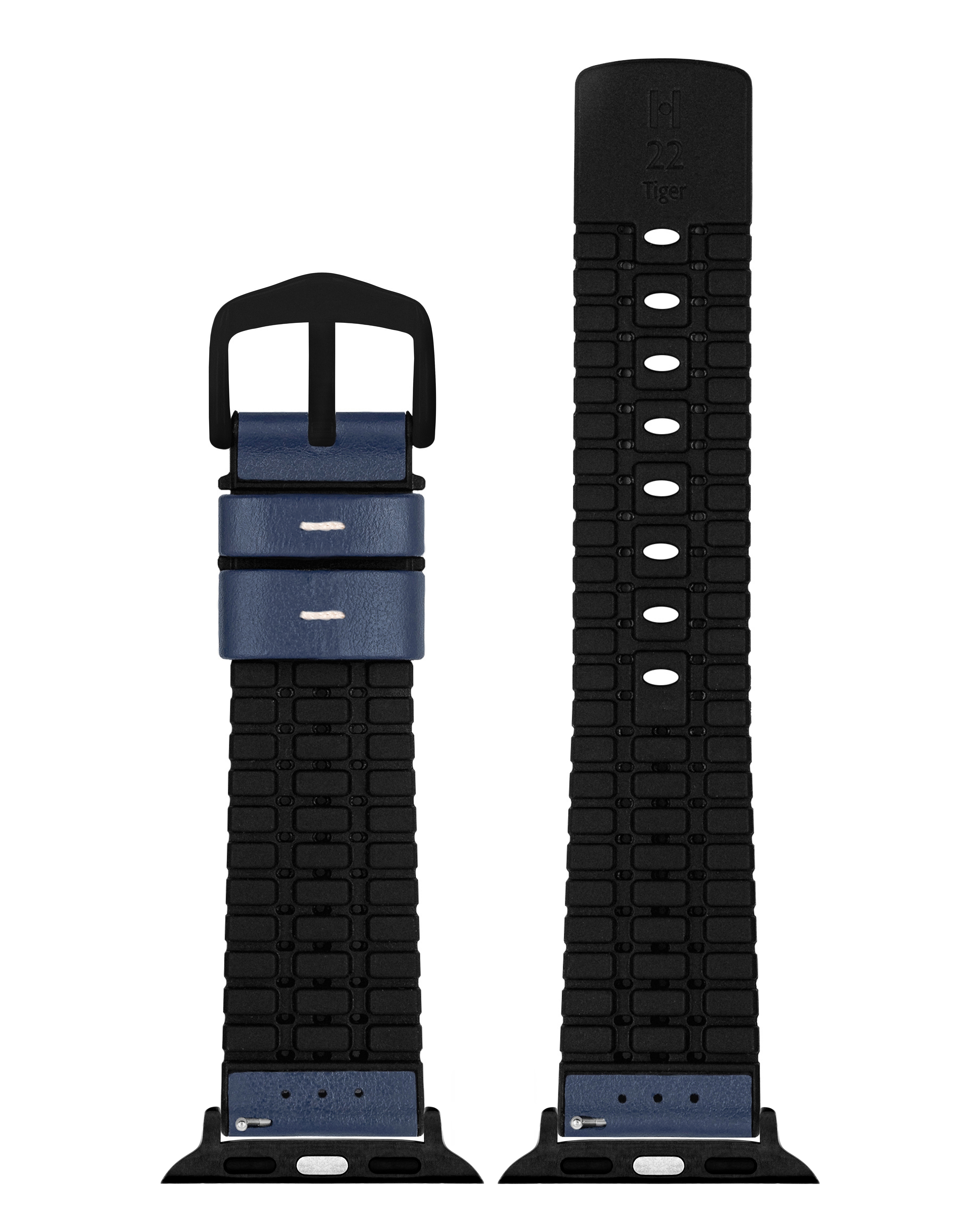 Schwarzes und blaues Uhrenarmband. Die linke Seite hat eine Schnalle und blaues Leder. Die rechte Seite ist komplett schwarz.
