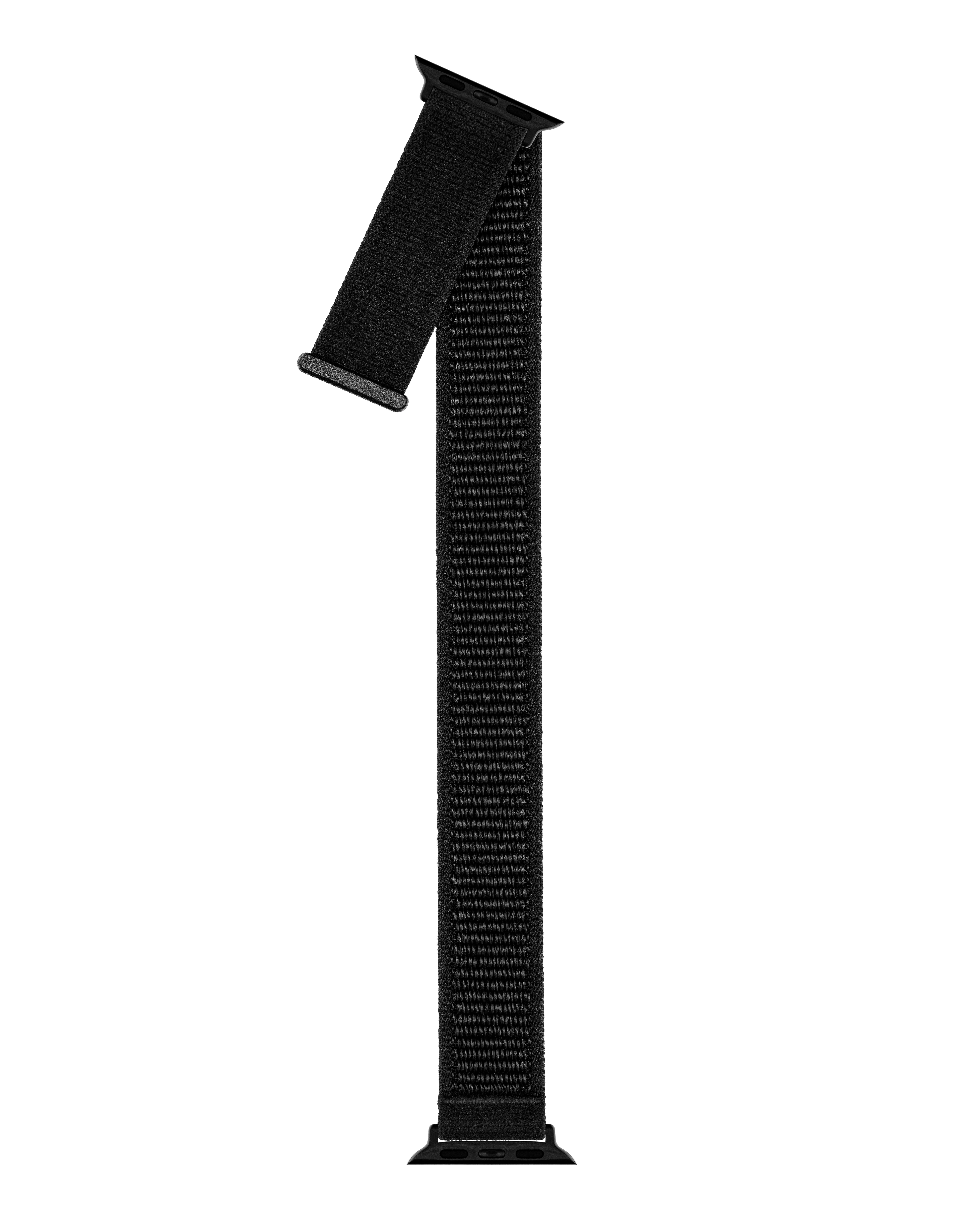 Schwarzes Uhrenarmband. Ein Ende ist an der Uhr befestigt, das andere hängt herunter. Das Armband ist strukturiert.