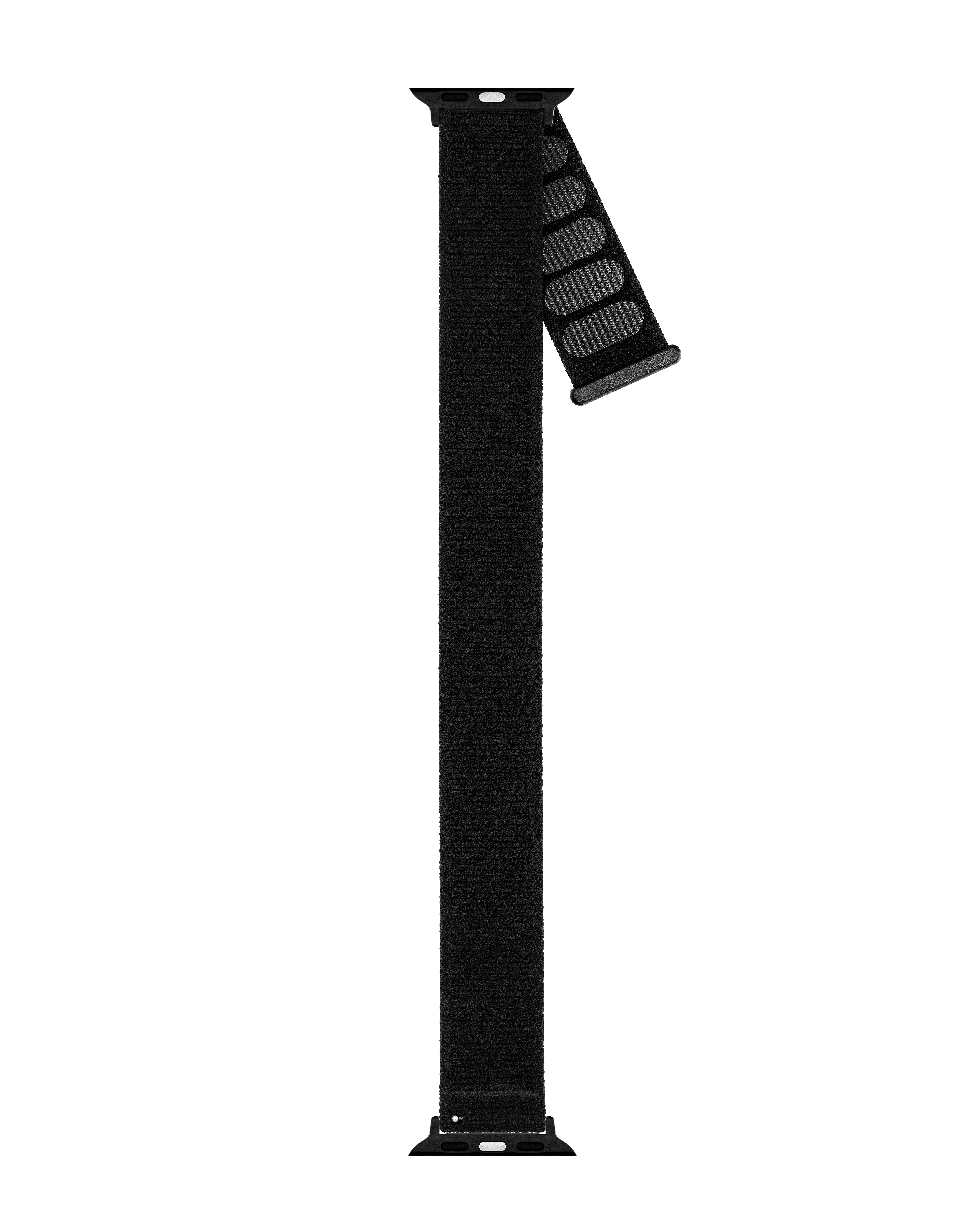 Schwarzes Uhrenarmband. Ein Ende an der Uhr befestigt, das andere hängt herunter. Das Armband ist strukturiert.