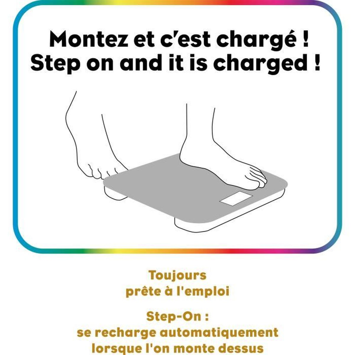 Illustration einer Person, die auf eine Waage tritt. Text oben: "Step on and it is charged!" Darunter weiterer Text.