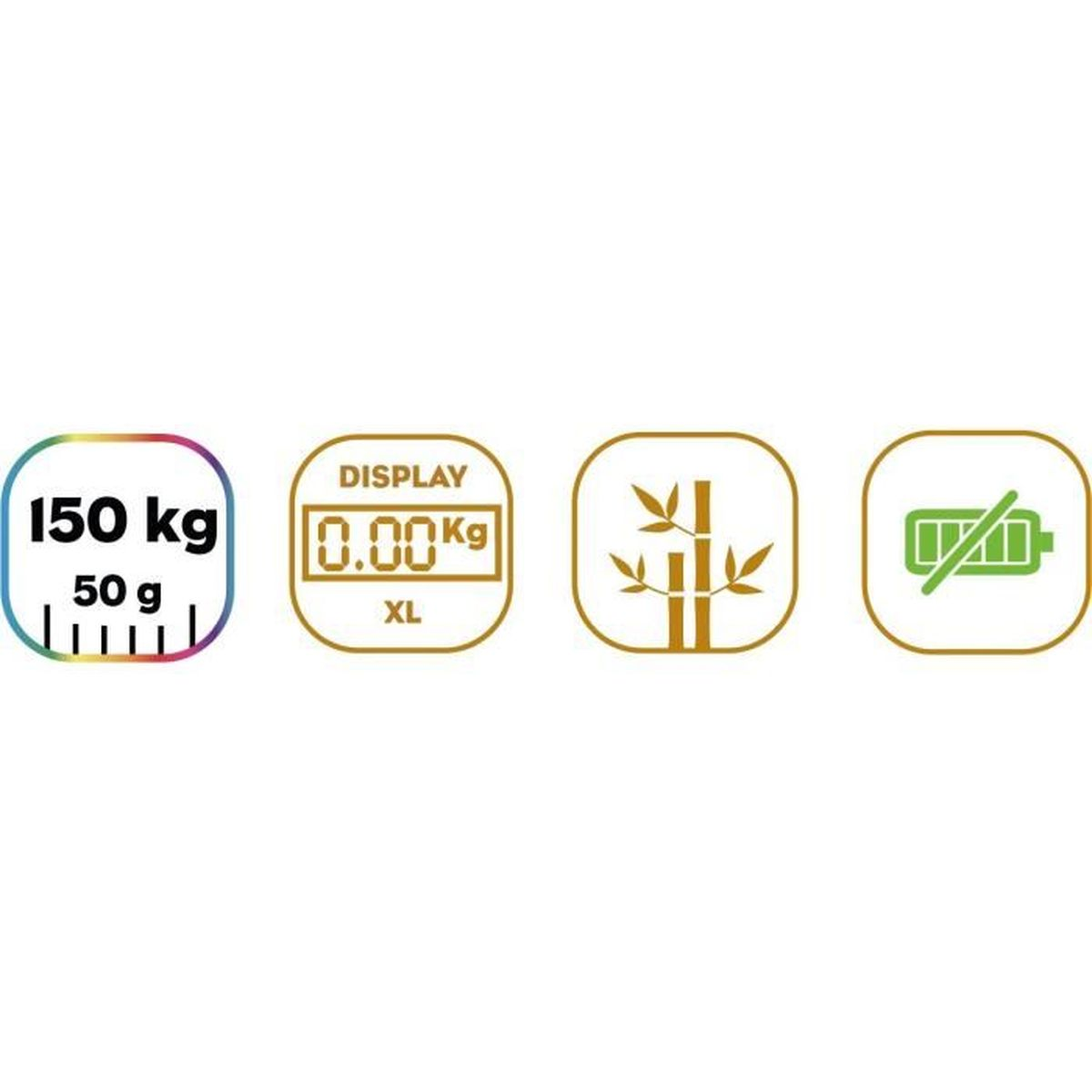 Vier Icons: eine Waage mit 0,00 kg, eine Bambuspflanze, ein Batteriesymbol und eine Darstellung von 150 kg.