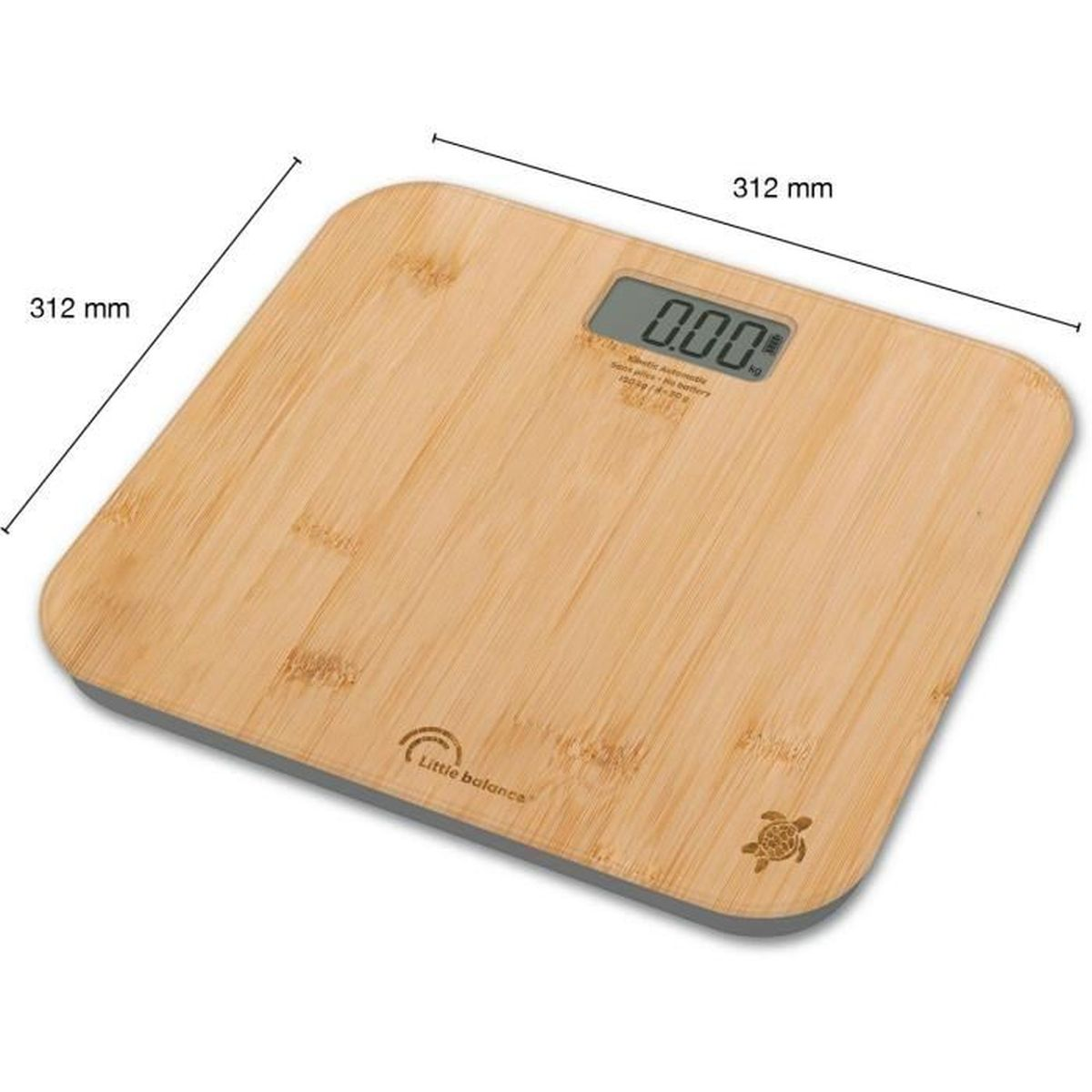 Eine hellbraune, quadratische Badezimmerwaage aus Holz mit Digitalanzeige 0,00 kg. Abmessungen sind 312 mm x 312 mm.