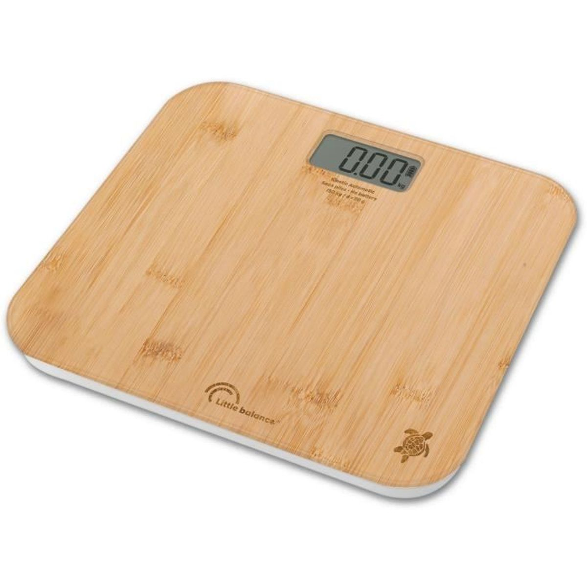 Eine hellbraune, quadratische Badezimmerwaage aus Holz mit Digitalanzeige 0,00 kg. Mit Schildkrötenlogo und Little Balance Logo.