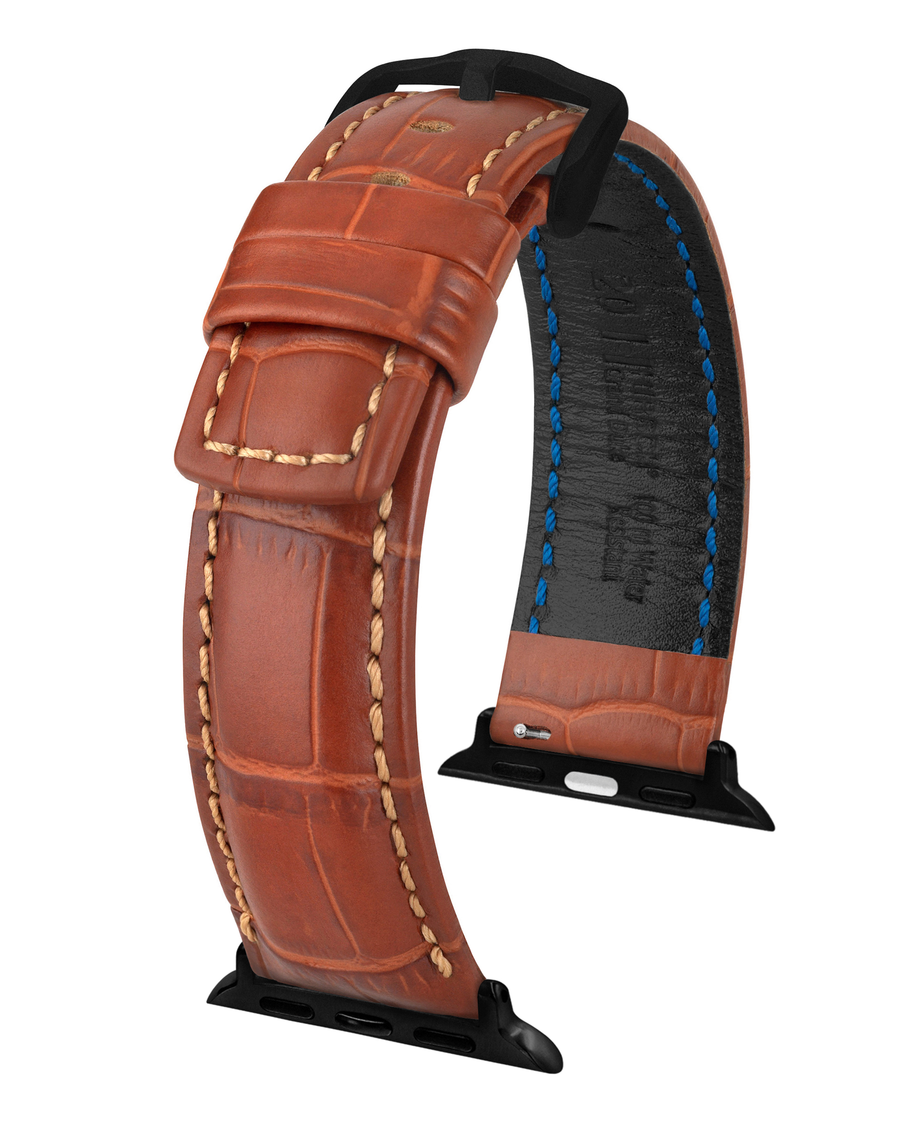 Braunes, strukturiertes Leder-Uhrenarmband mit schwarzer Schnalle. Innen blaue Nähte. Schwarze Aufsätze.