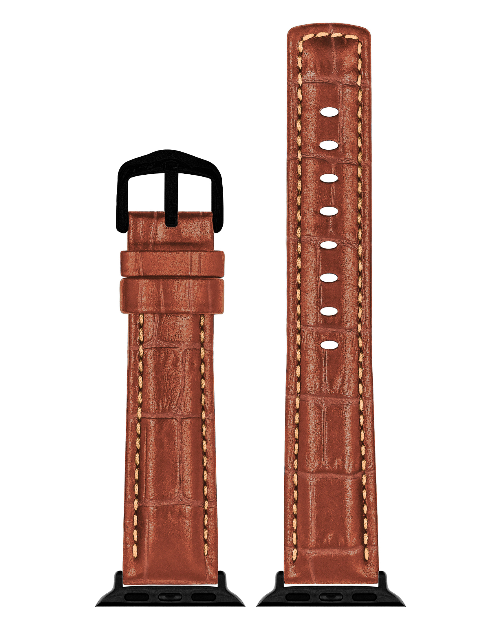 Braunes, strukturiertes Leder-Uhrenarmband mit schwarzer Schnalle. Helle Nähte an den Rändern. Schwarze Aufsätze.
