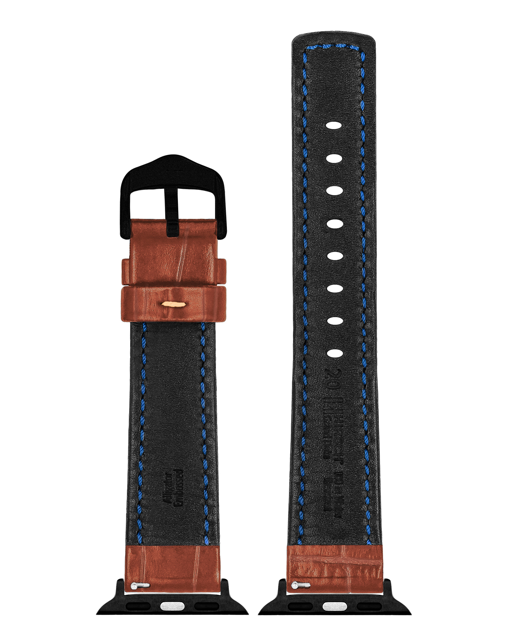 Braunes, strukturiertes Leder-Uhrenarmband mit schwarzer Schnalle. Blaue Nähte. Schwarze Aufsätze. Branding innen.