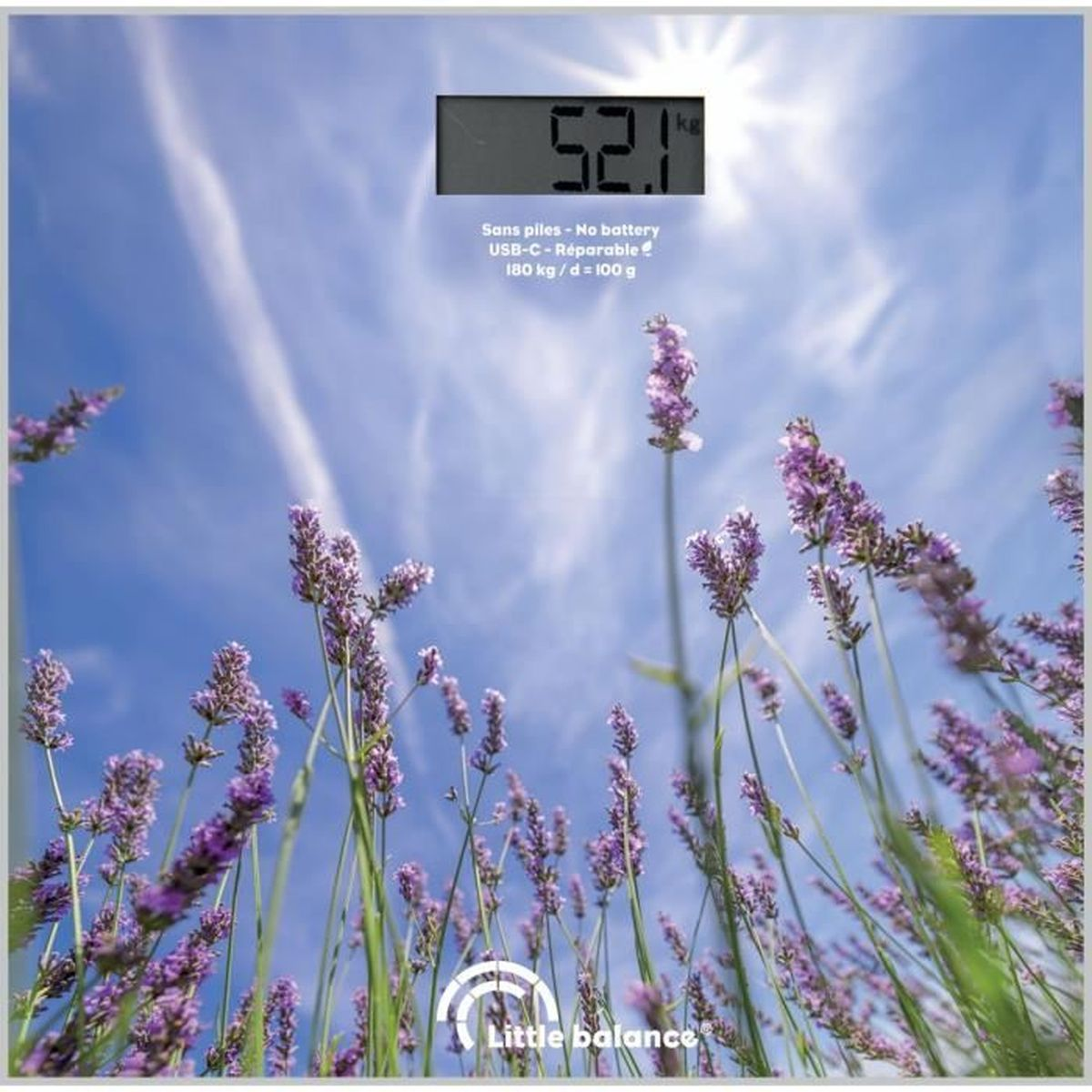 Eine Digitalwaage mit Lavendel- und blauem Himmel-Hintergrund, die ein Gewicht von 52,1 kg anzeigt.