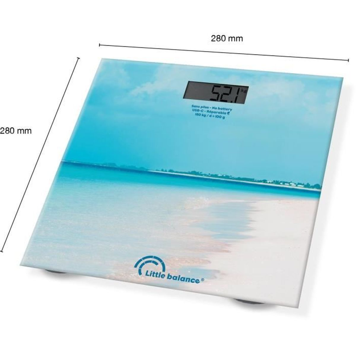 Eine Digitalwaage mit einem Strandhintergrund, die ein Gewicht von 52,1 kg anzeigt.