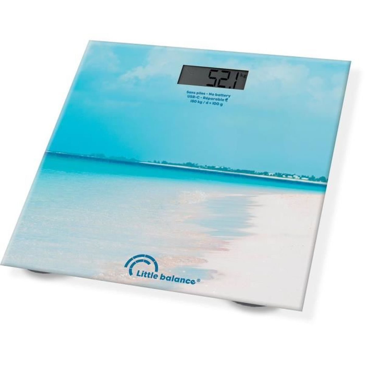 Waage mit Strandhintergrund und Digitalanzeige mit 52,1. Text: Sans piles - No battery.