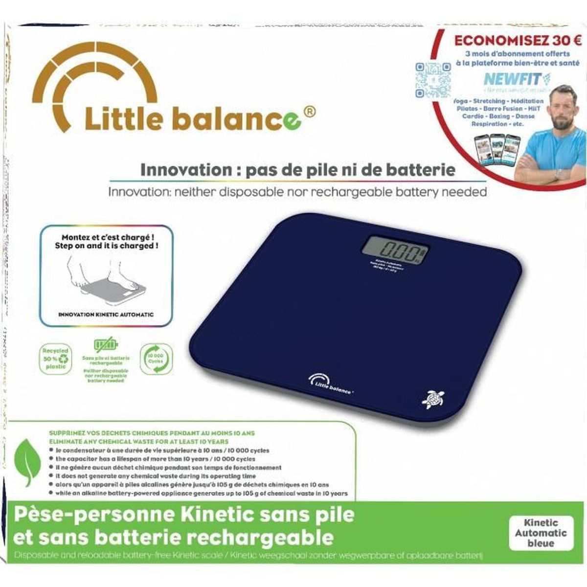 Blaue Waage mit Text und Bildern. Text beinhaltet 'Little balance', 'Innovation: no battery needed'.