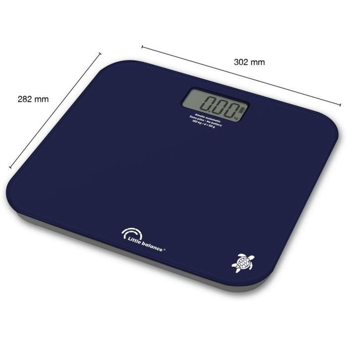 Dunkelblaue Waage mit Digitalanzeige 0,00. Abmessungen: 302 mm x 282 mm. 'Little balance' Logo.