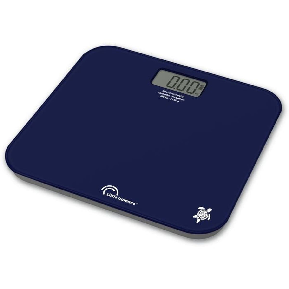 Dunkelblaue Waage mit Digitalanzeige 0,00. 'Little balance' Logo und ein Schildkröten-Icon.