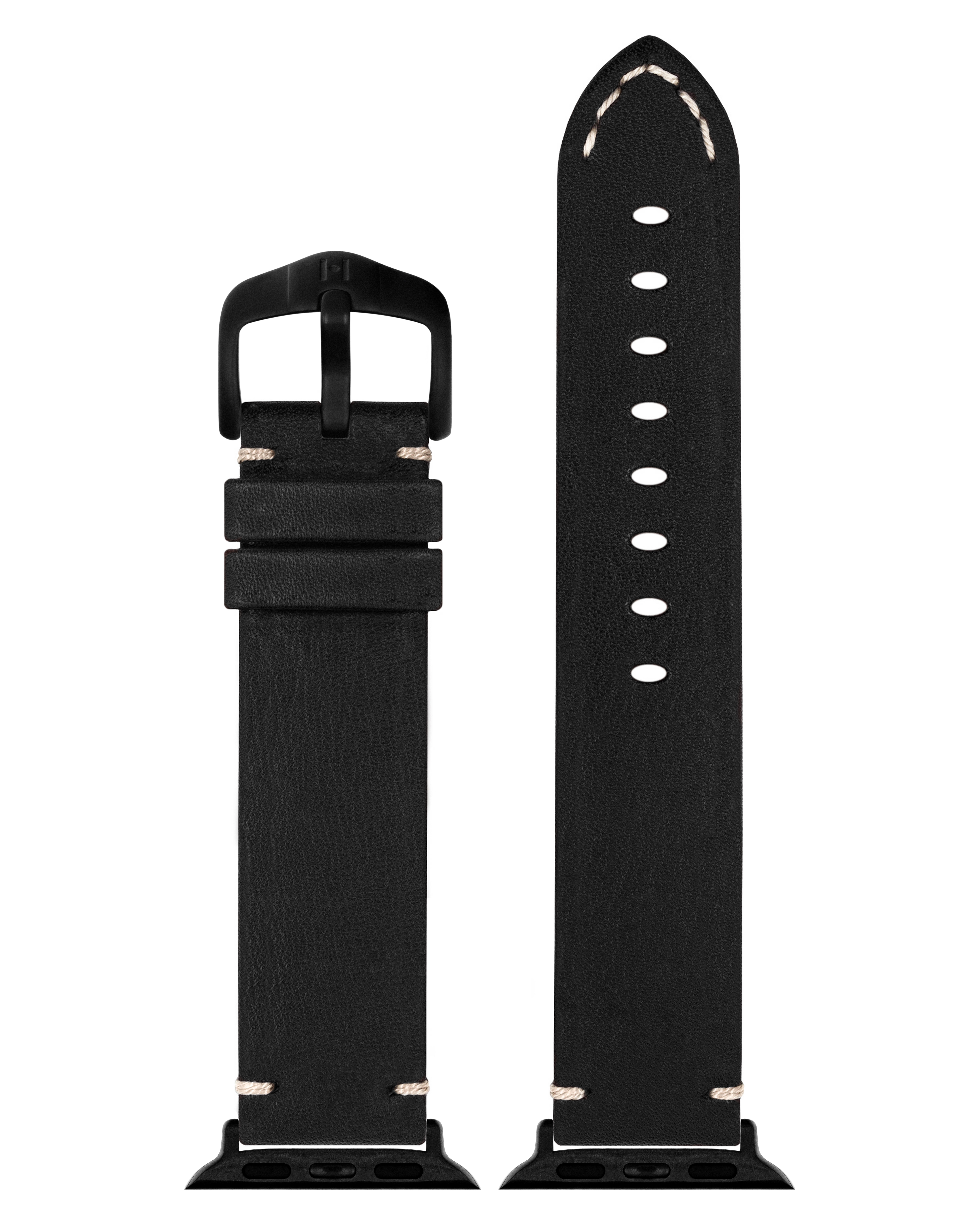 Schwarzes Uhrenarmband mit schwarzer Schnalle. Weiße Nähte auf beiden Seiten. Ledermaterial.