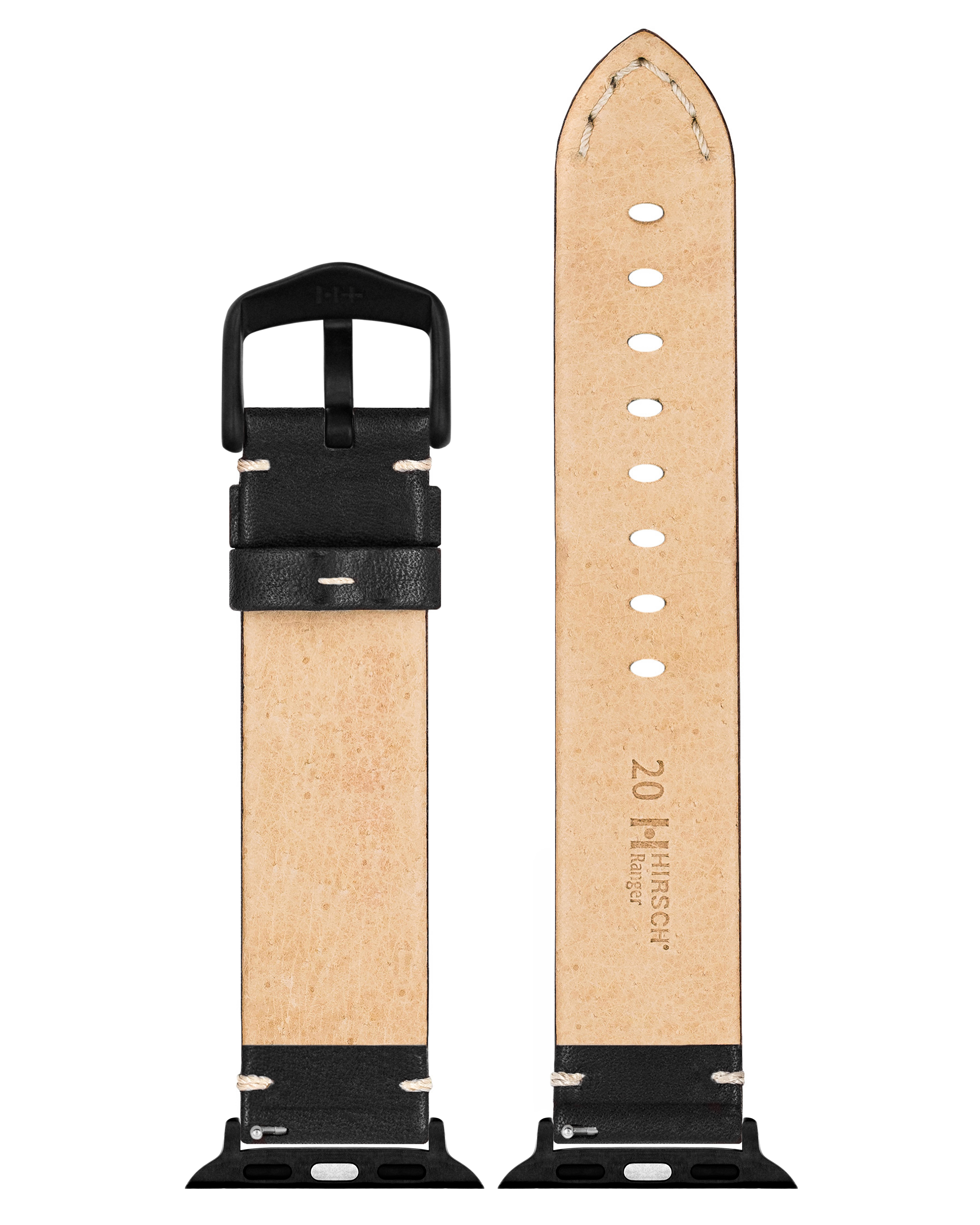 Leder-Uhrenarmband mit schwarzer Schnalle und weißen Nähten. Die Innenseite des Armbands ist hellbraun.