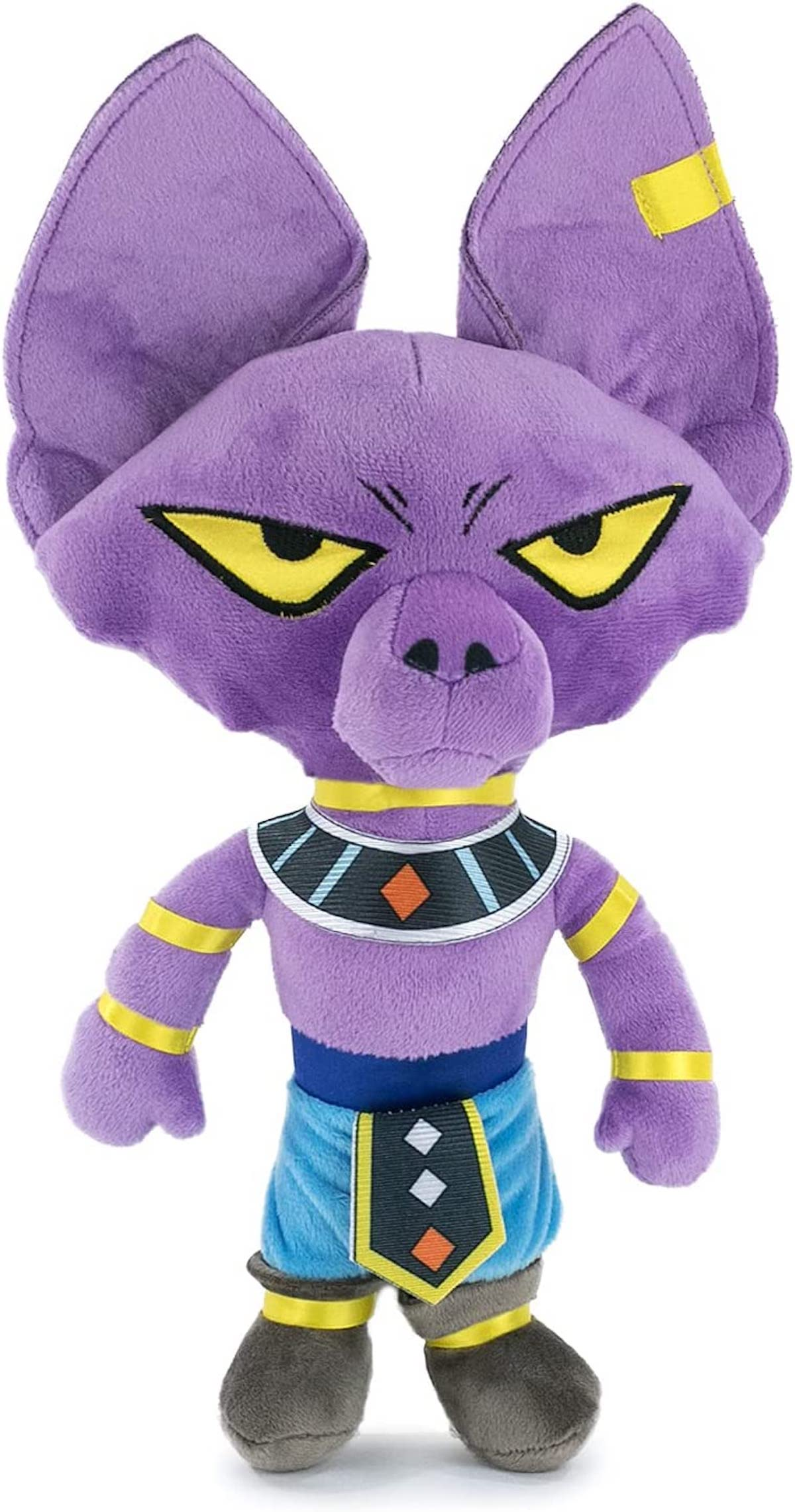 Ein lila Plüschtier der Figur Beerus, mit gelben Augen und einem schwarzen Kragen.
