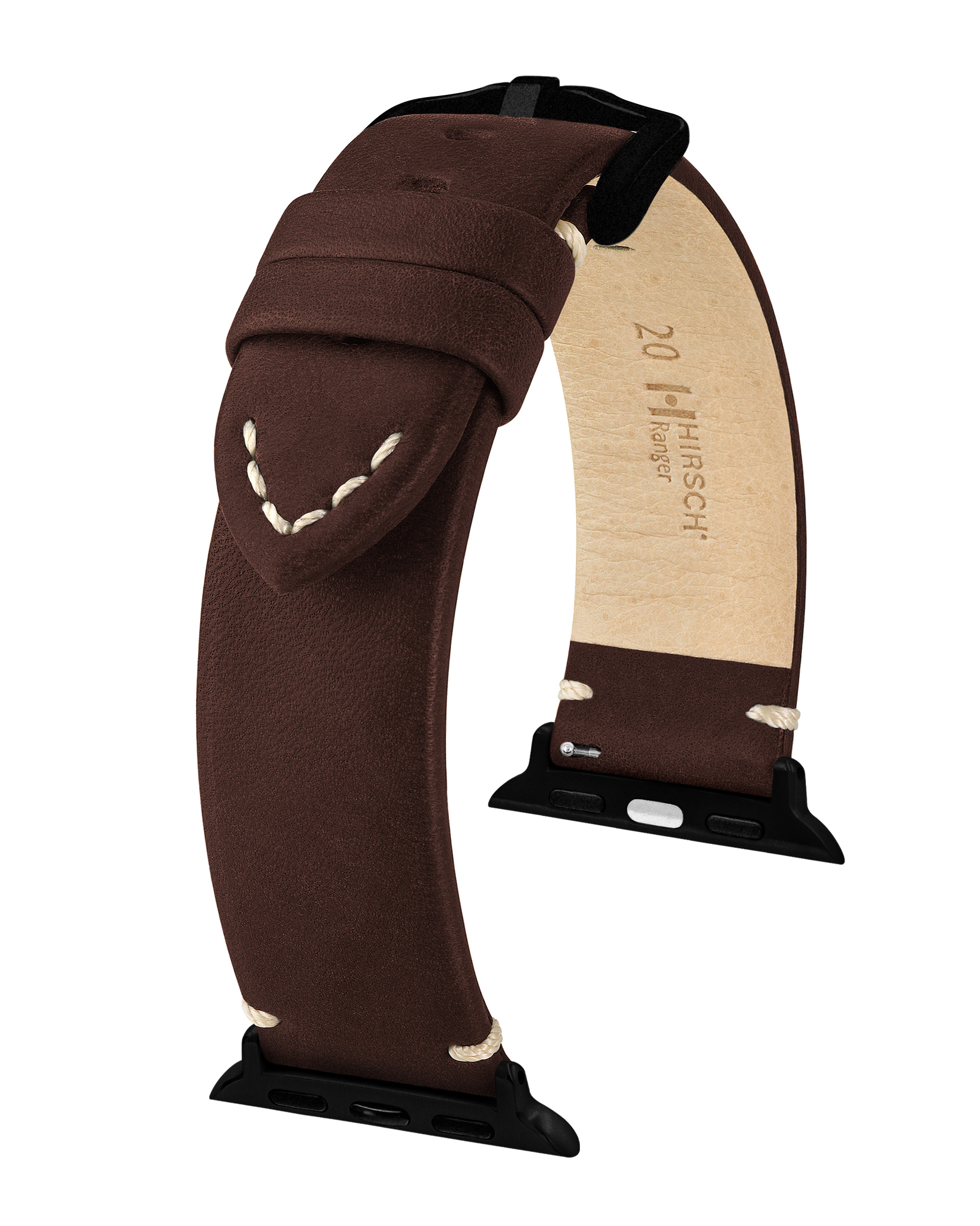 Ein braunes Leder-Uhrenarmband mit weißen Nähten und schwarzen Anschlüssen.