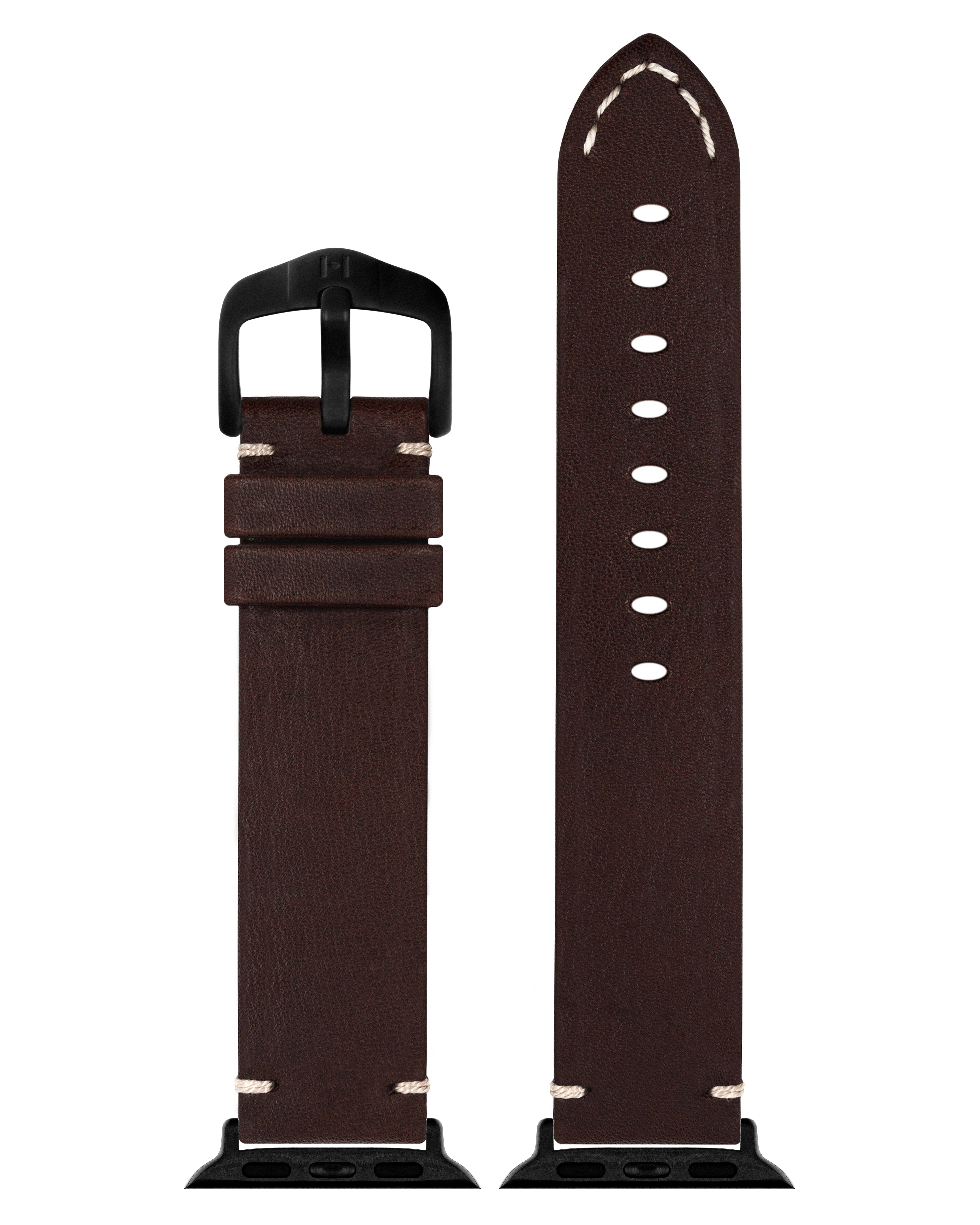 Ein braunes Leder-Uhrenarmband mit weißen Nähten und einer schwarzen Schnalle.
