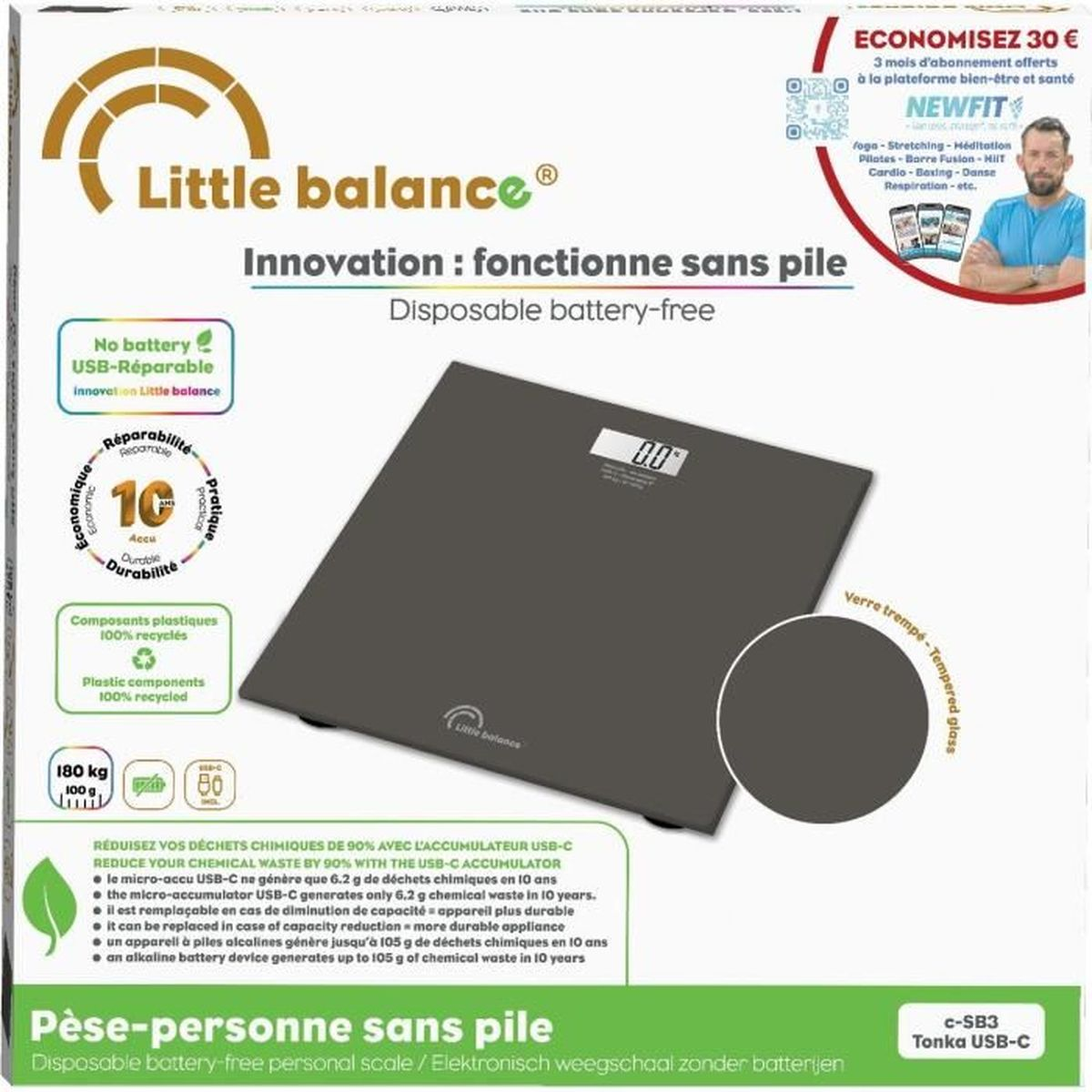 Werbung für eine graue digitale Badezimmerwaage mit Text und Symbolen.