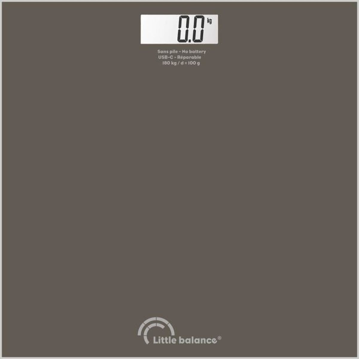Eine graue digitale Badezimmerwaage, die ein Gewicht von 0,0 kg anzeigt.